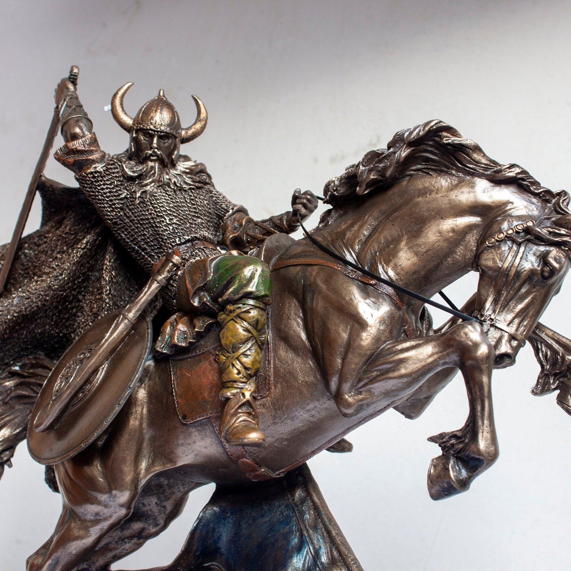 Bronzed Viking Warrior on Horse Statue