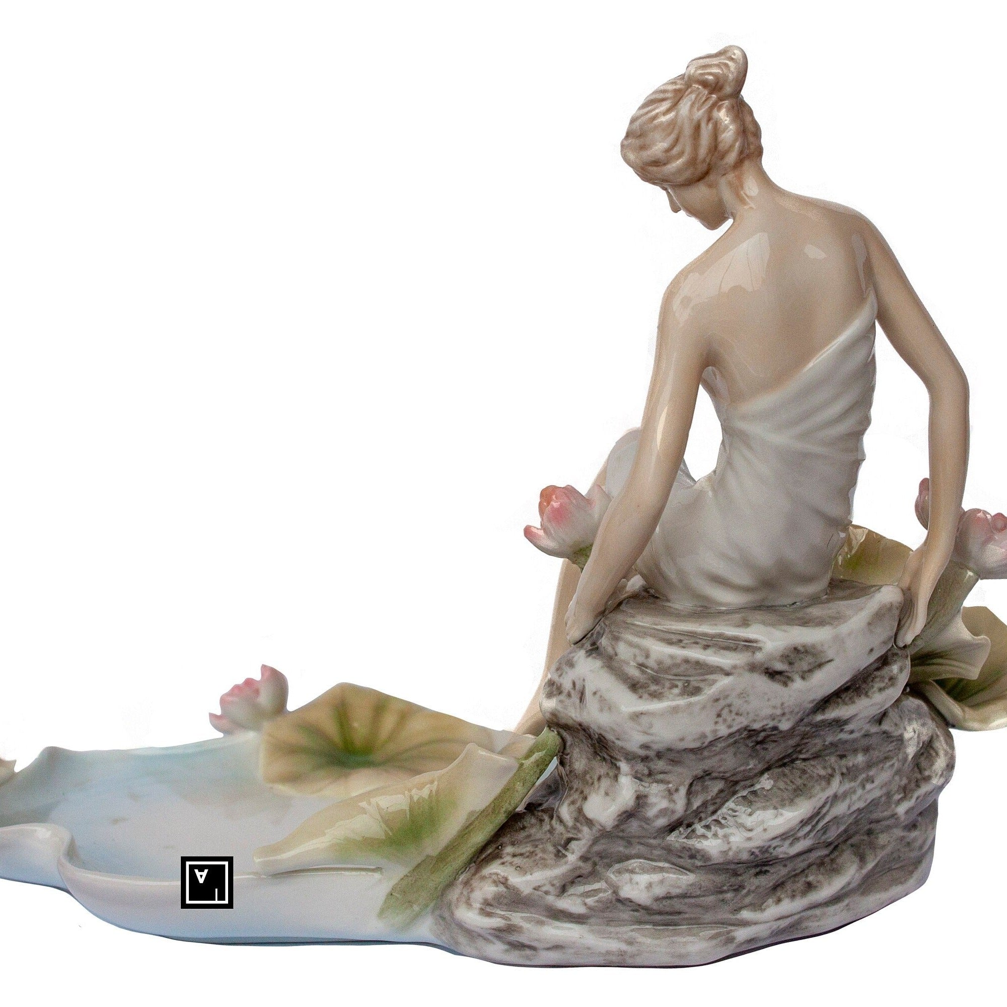 Art nouveau inspired Blue and White Porcelain Tray Lotus Pond Sitting Nymph