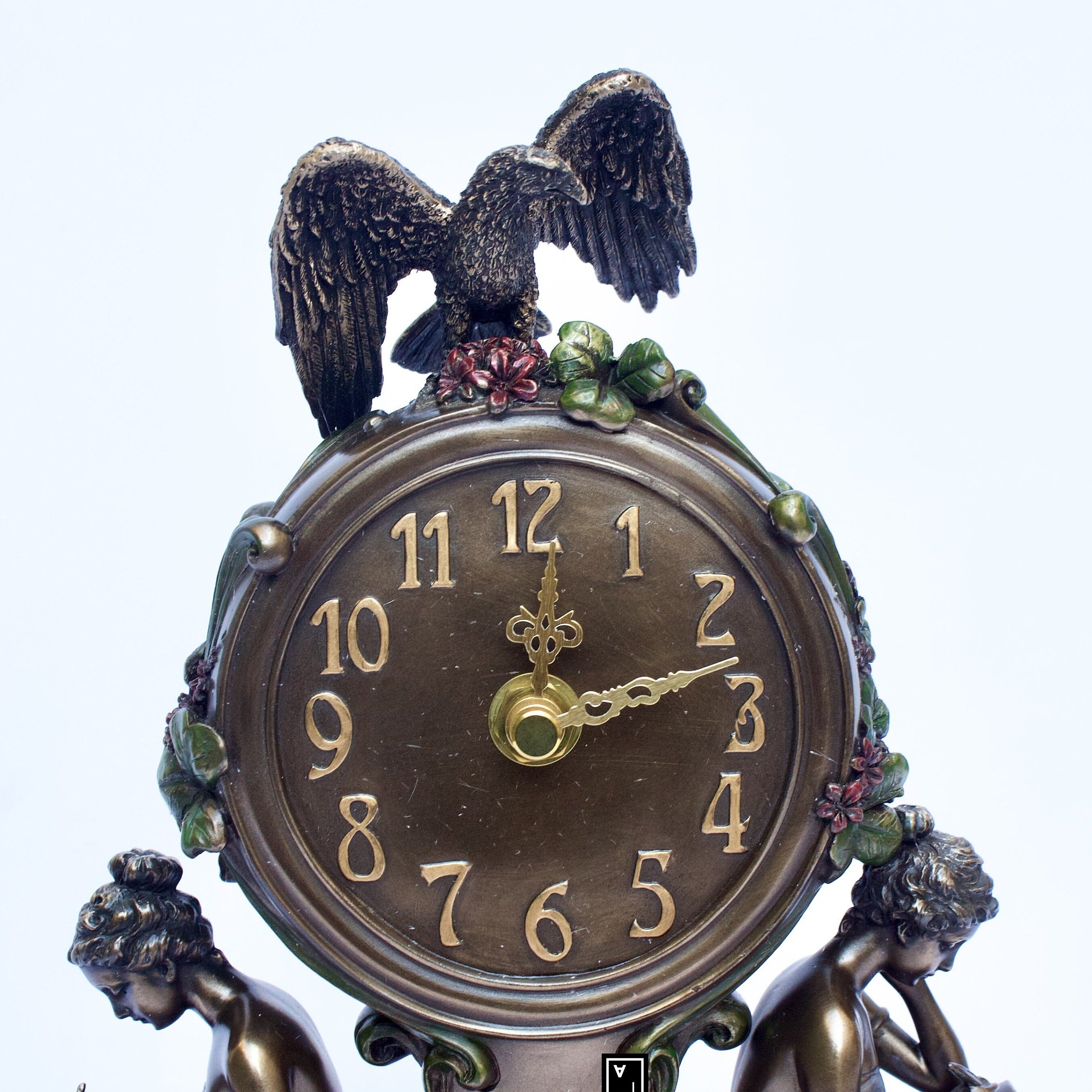 9.84 Inc Art Nouveau Clock with two Women and Eagle on top