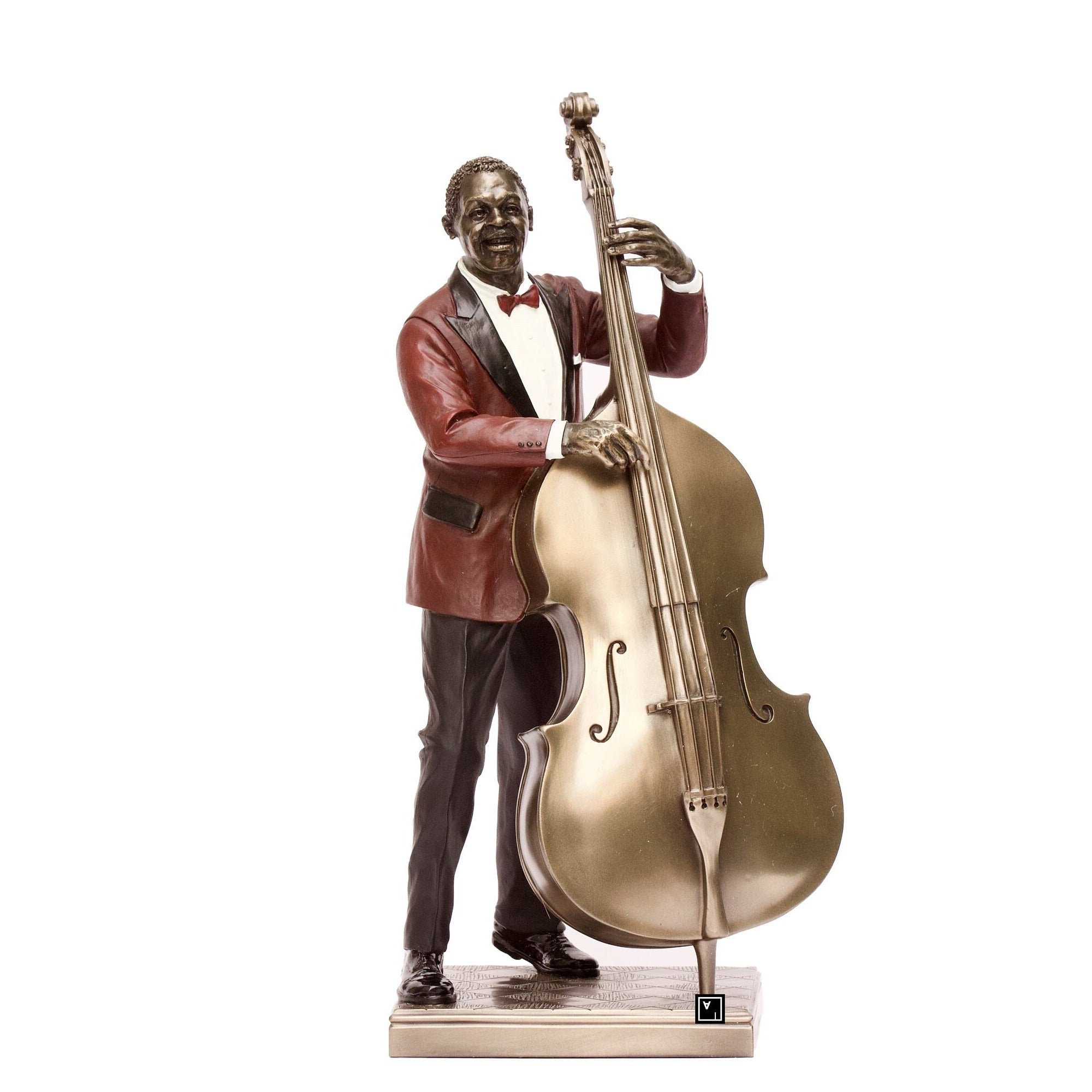 Bronzed Double Bass Player Statue: Jazz Musician Decor