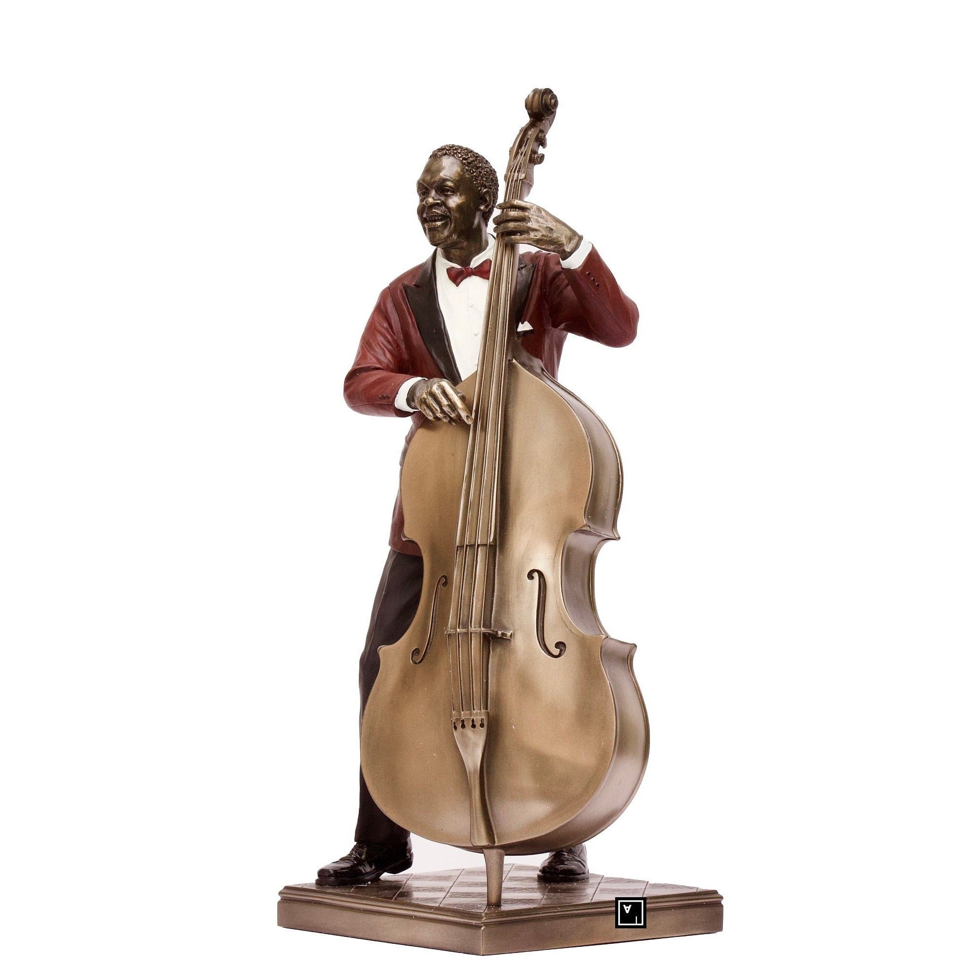 Bronzed Double Bass Player Statue: Jazz Musician Decor