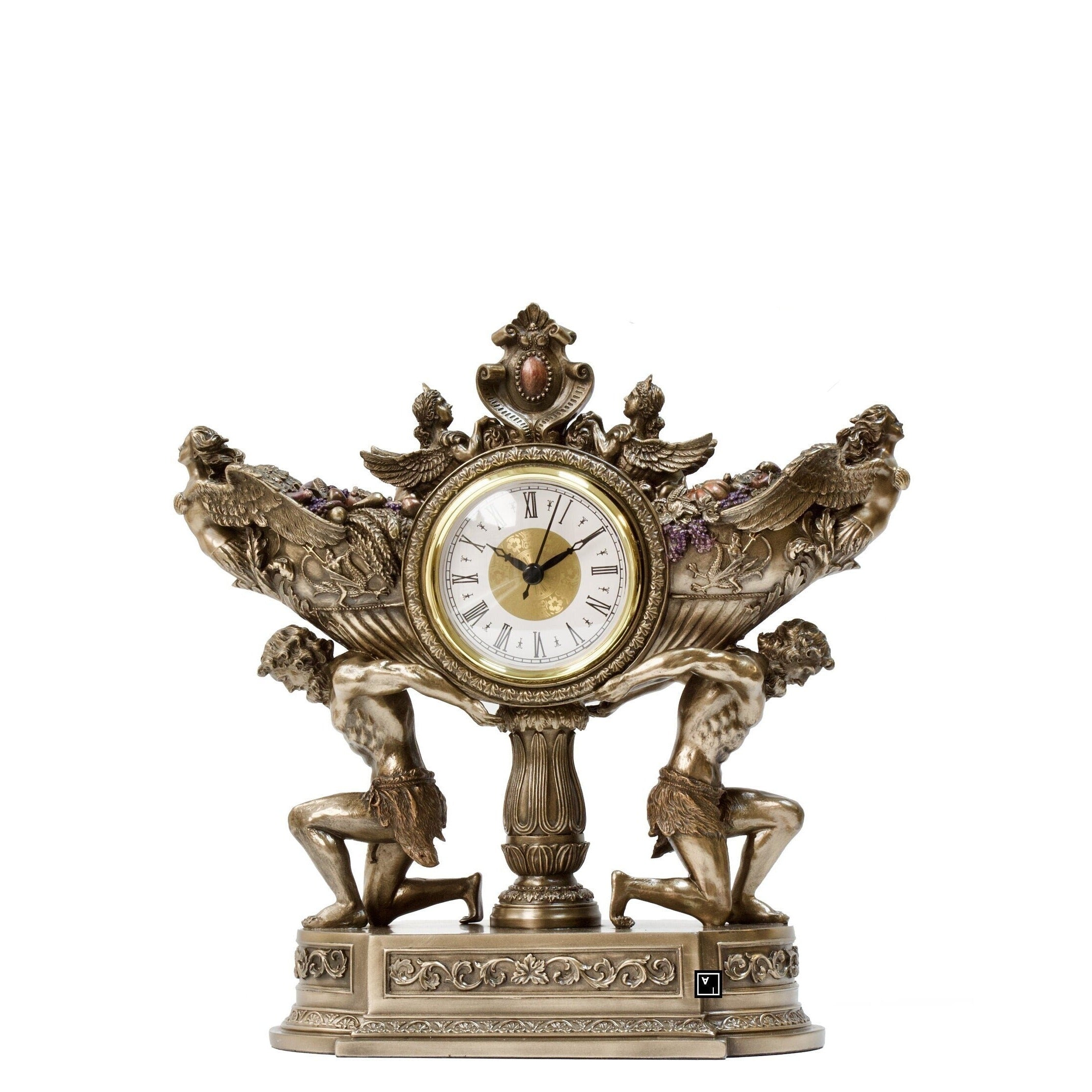 Art Nouveau Table Clock: Strong Men Vessel, Veronese Design