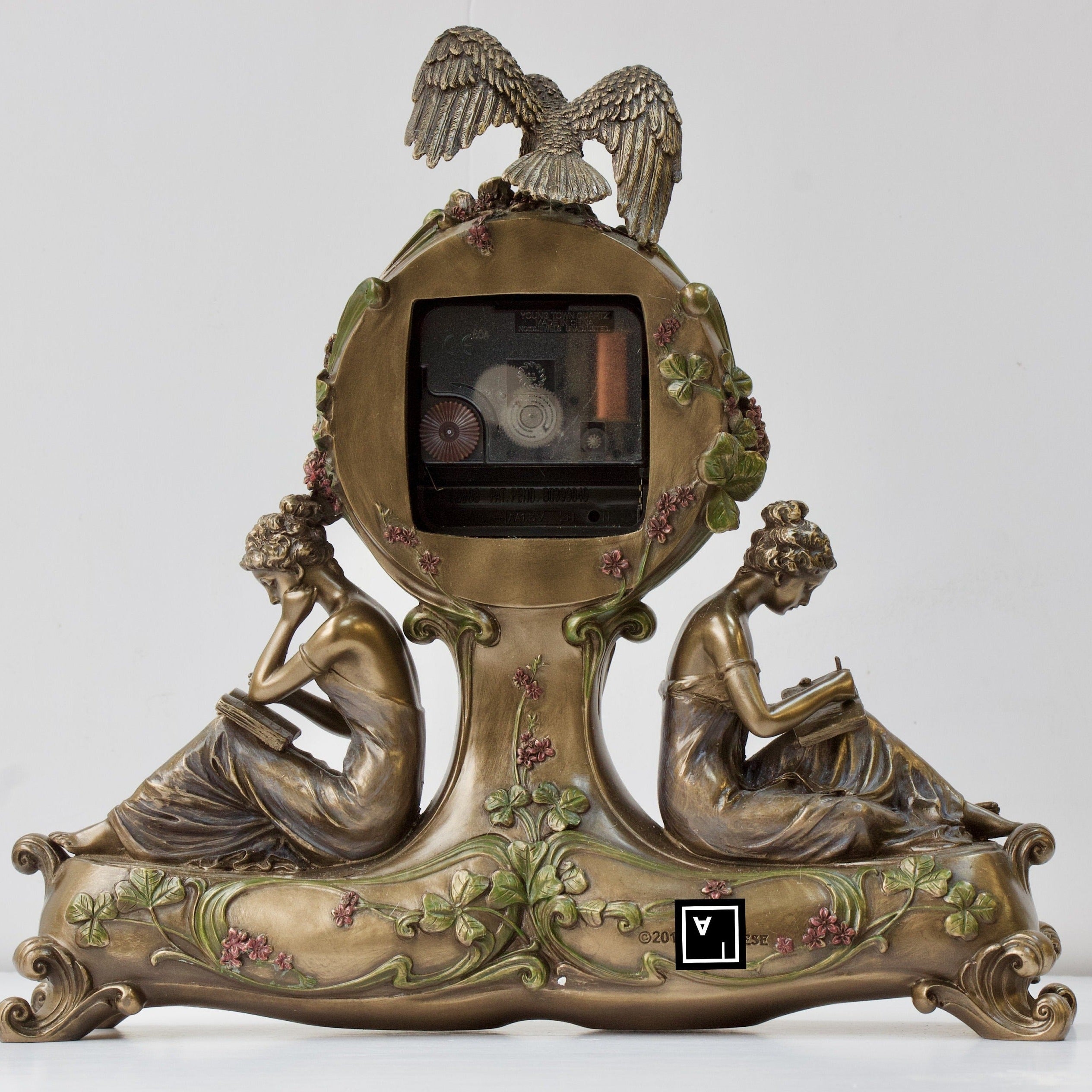 9.84 Inc Art Nouveau Clock with two Women and Eagle on top