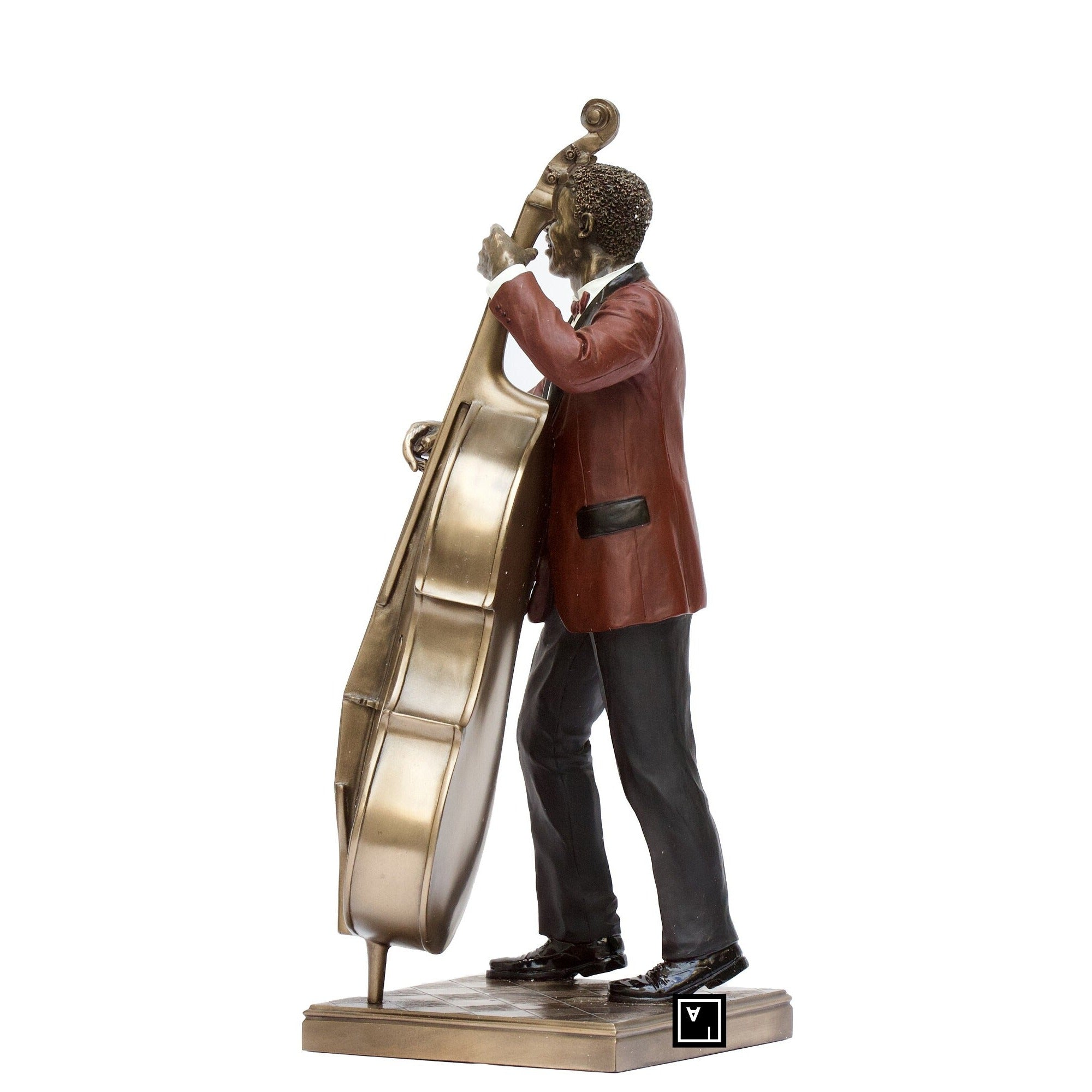 Bronzed Double Bass Player Statue: Jazz Musician Decor