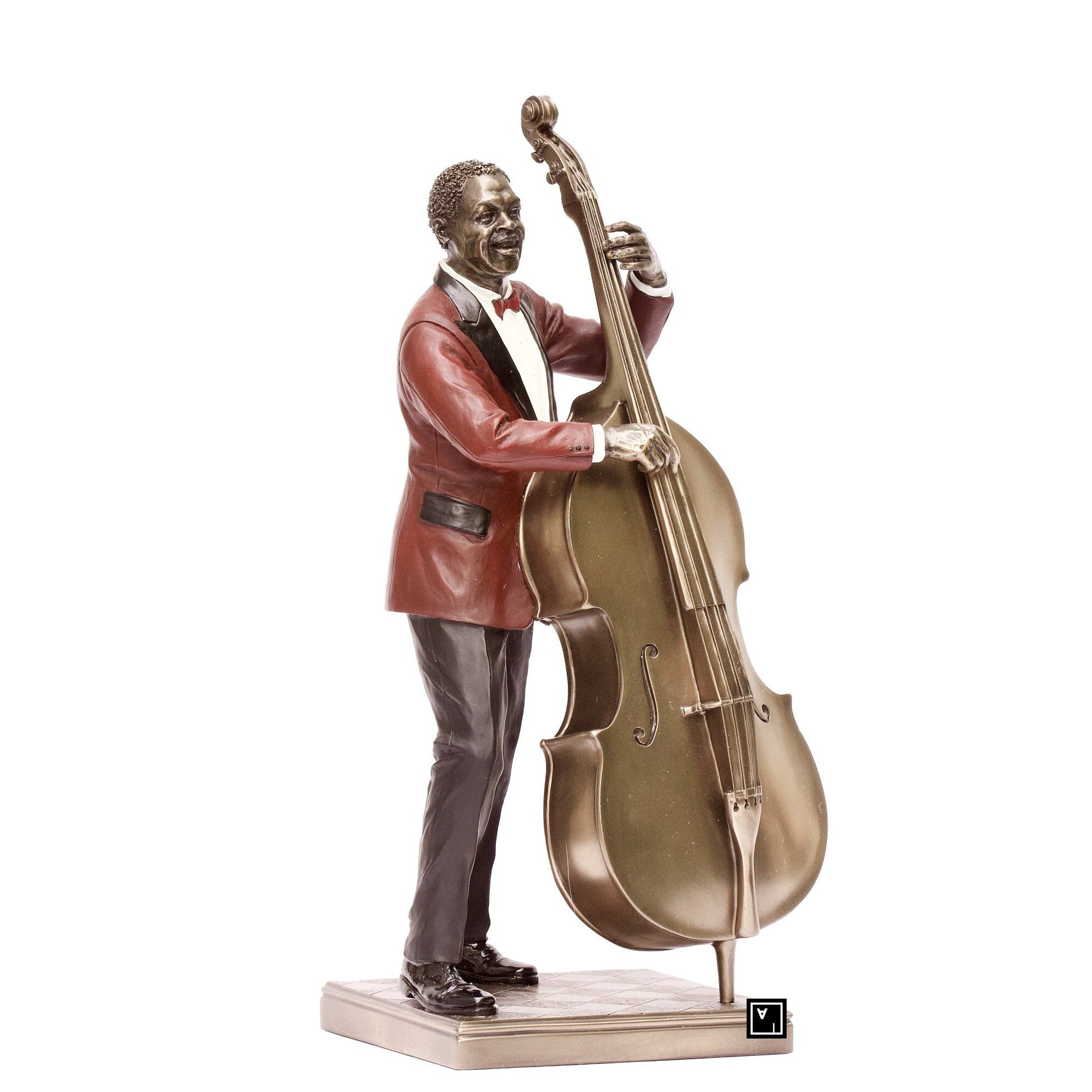 Bronzed Double Bass Player Statue: Jazz Musician Decor
