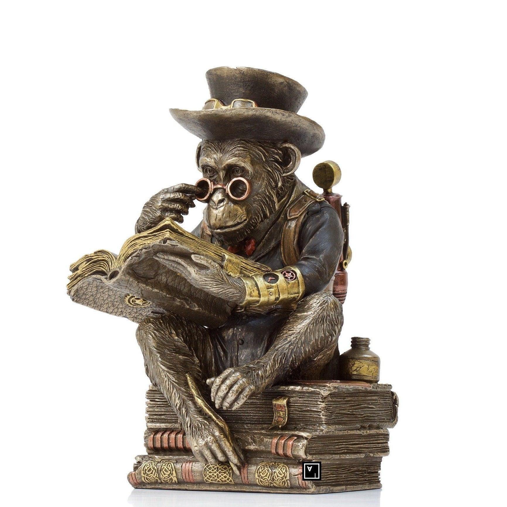 Steampunk Chimpanzee Professor Statue: Bronzed Resin Figurine