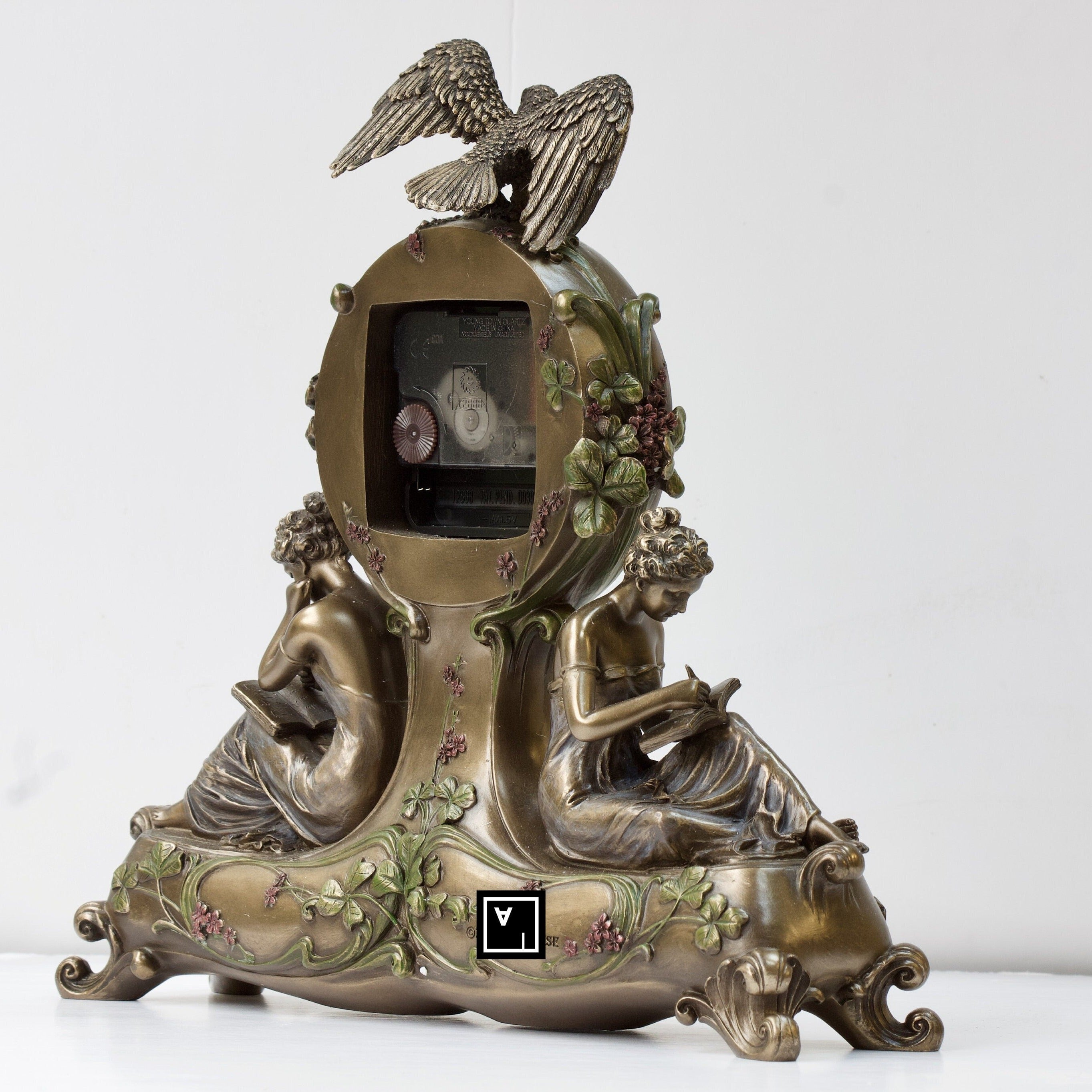 9.84 Inc Art Nouveau Clock with two Women and Eagle on top