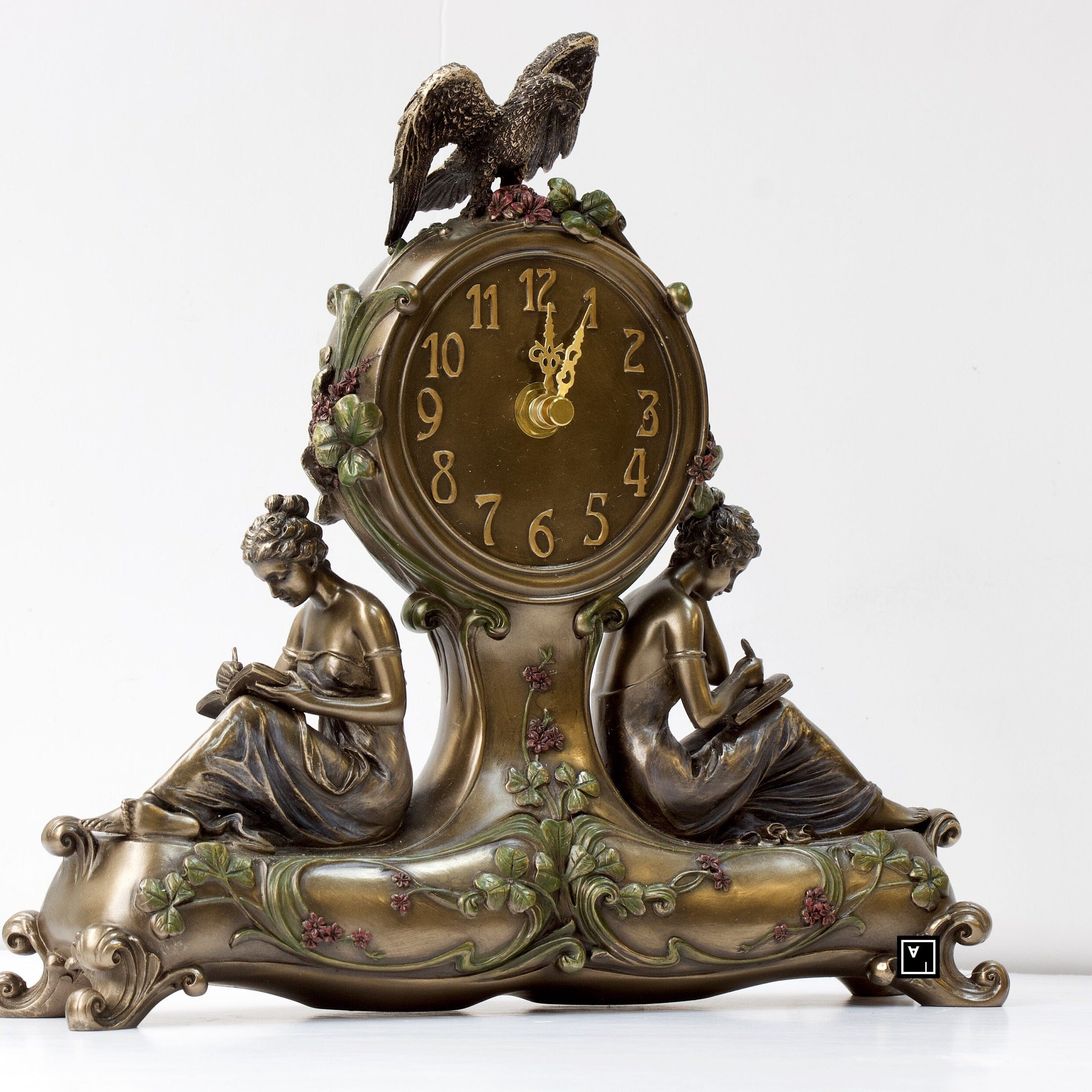 9.84 Inc Art Nouveau Clock with two Women and Eagle on top