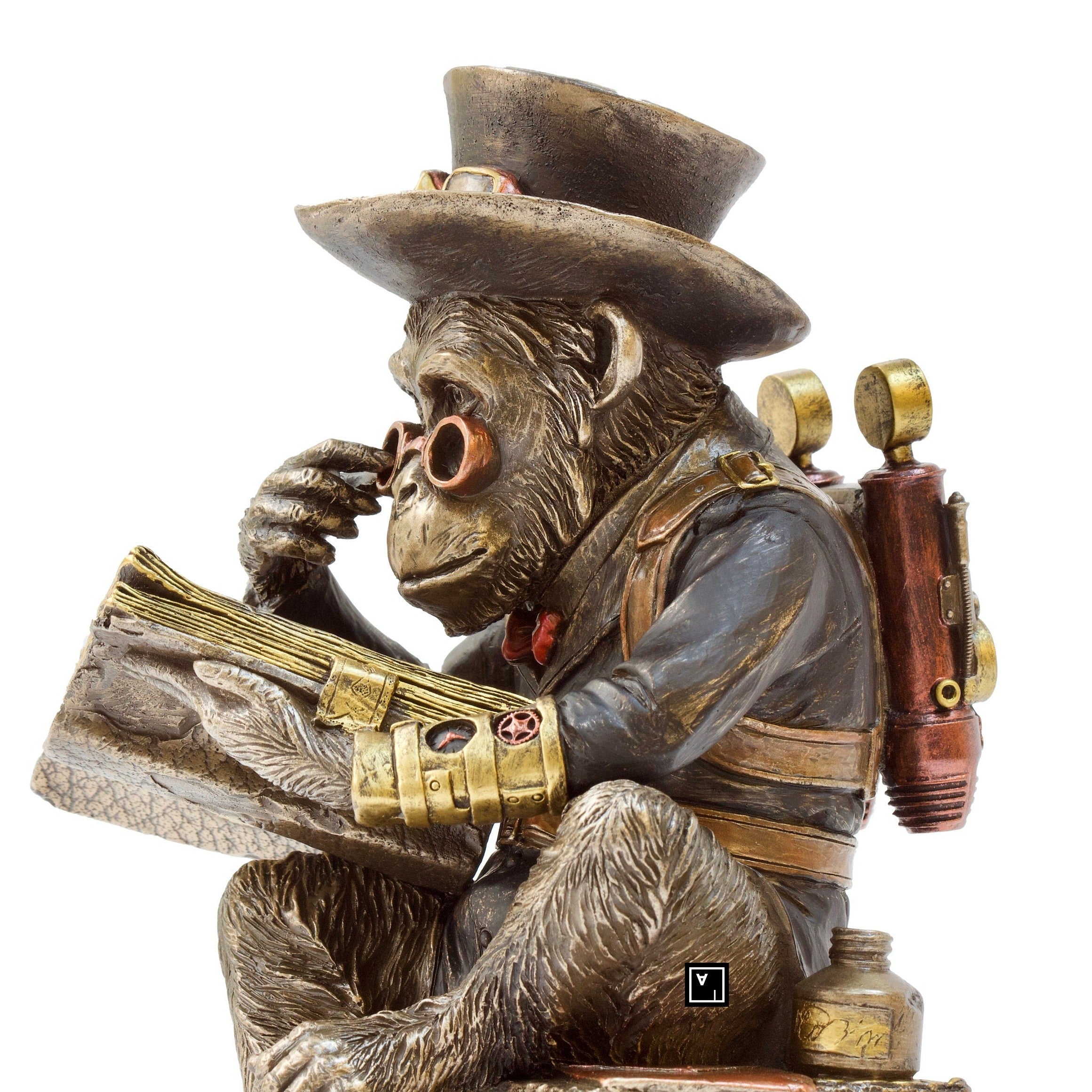 Steampunk Chimpanzee Professor Statue: Bronzed Resin Figurine