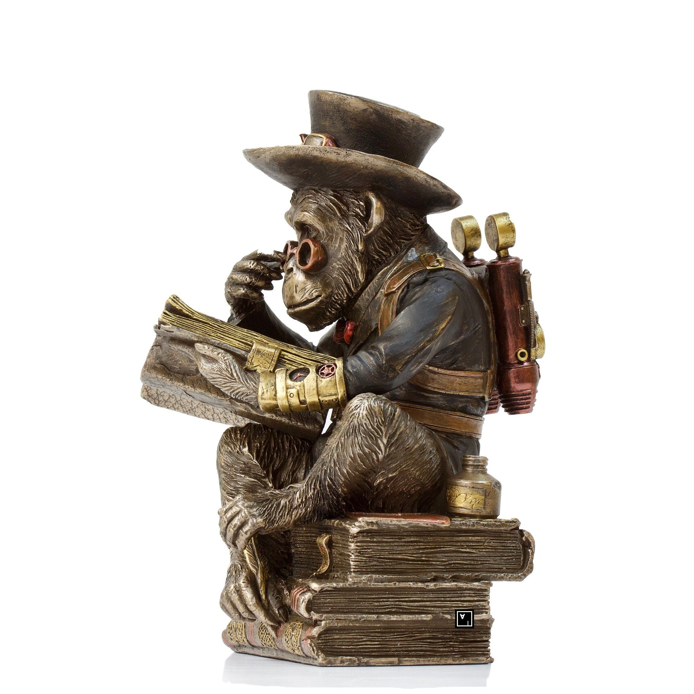 Steampunk Chimpanzee Professor Statue: Bronzed Resin Figurine