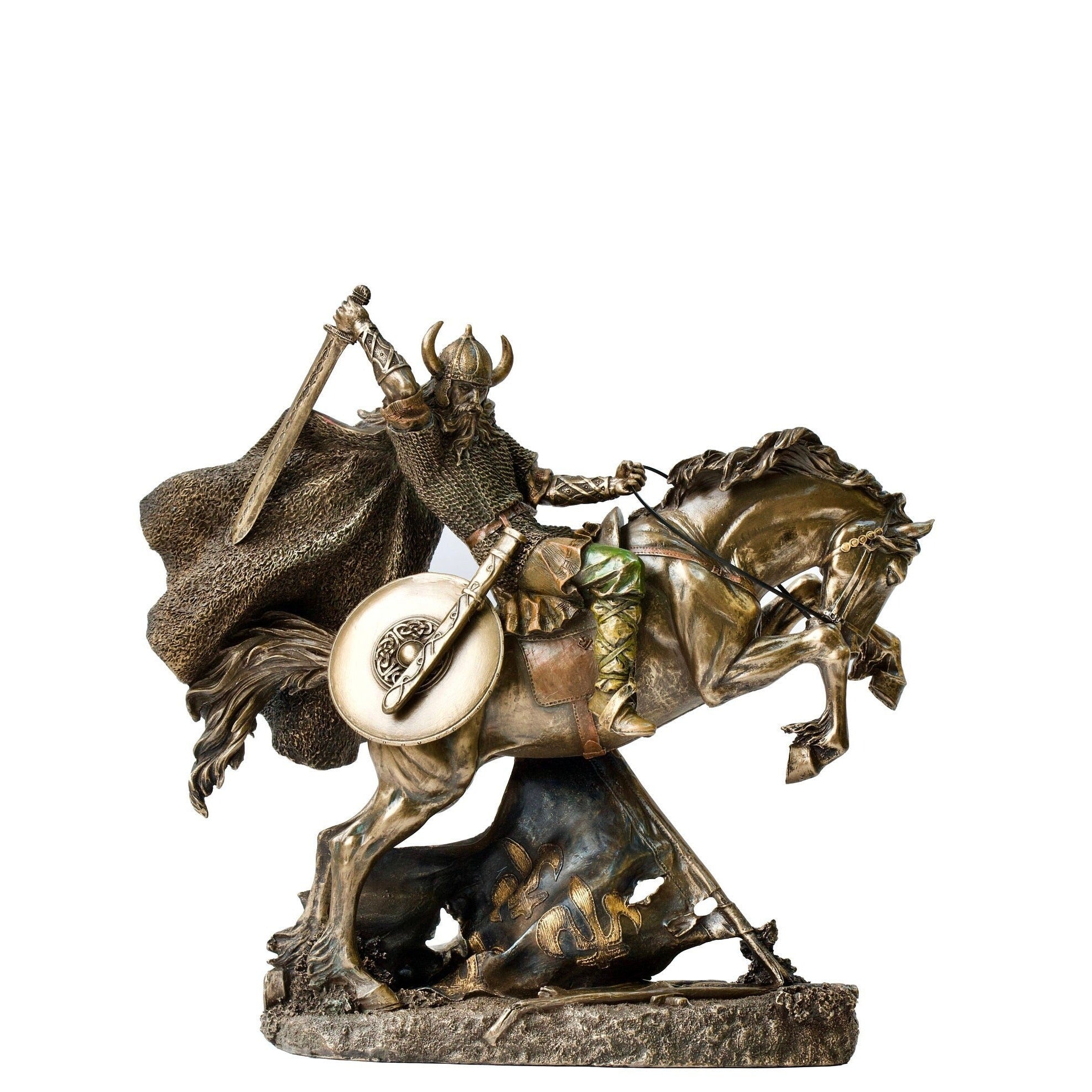 Bronzed Viking Warrior on Horse Statue