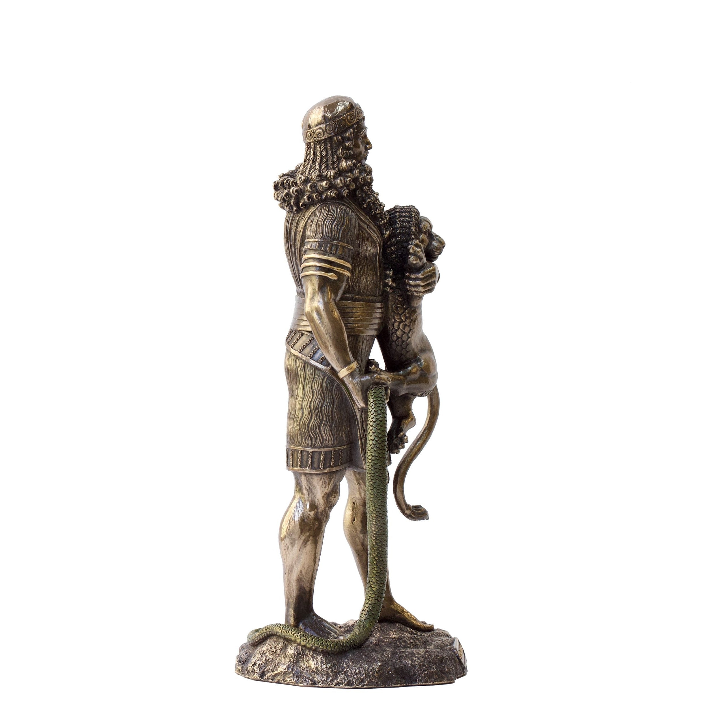 Gilgamesh Statue: Bronzed Sumerian King Holding Lion, Cold Cast Resin