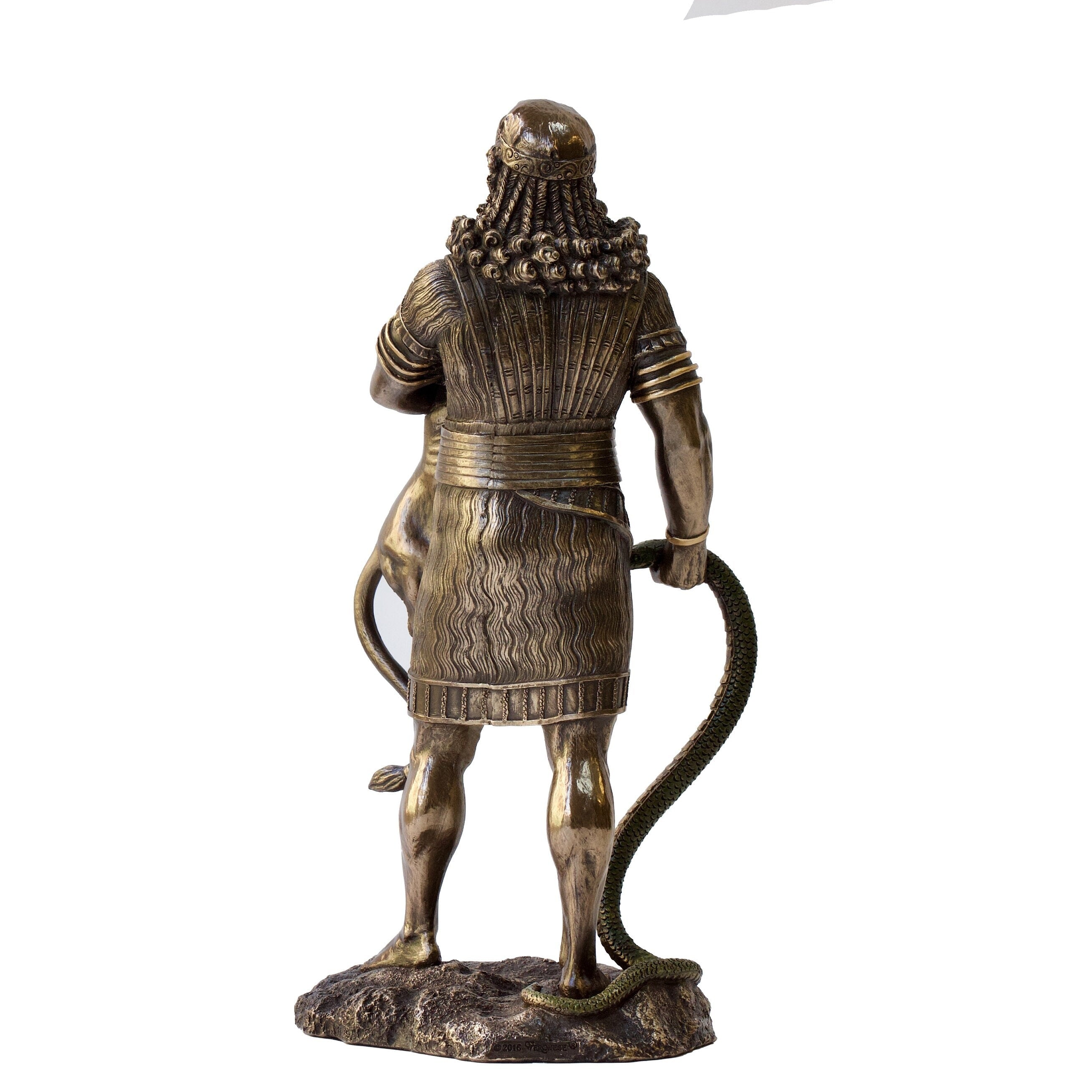 Gilgamesh Statue: Bronzed Sumerian King Holding Lion, Cold Cast Resin