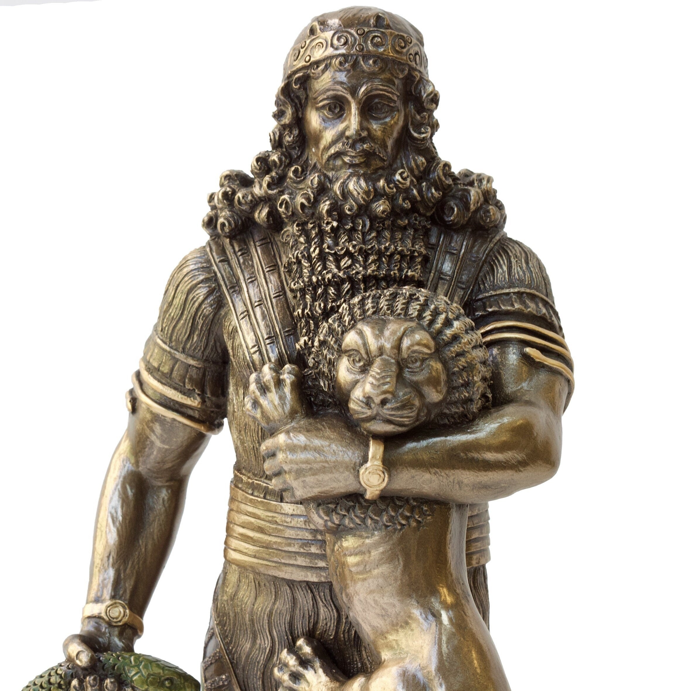Gilgamesh Statue: Bronzed Sumerian King Holding Lion, Cold Cast Resin