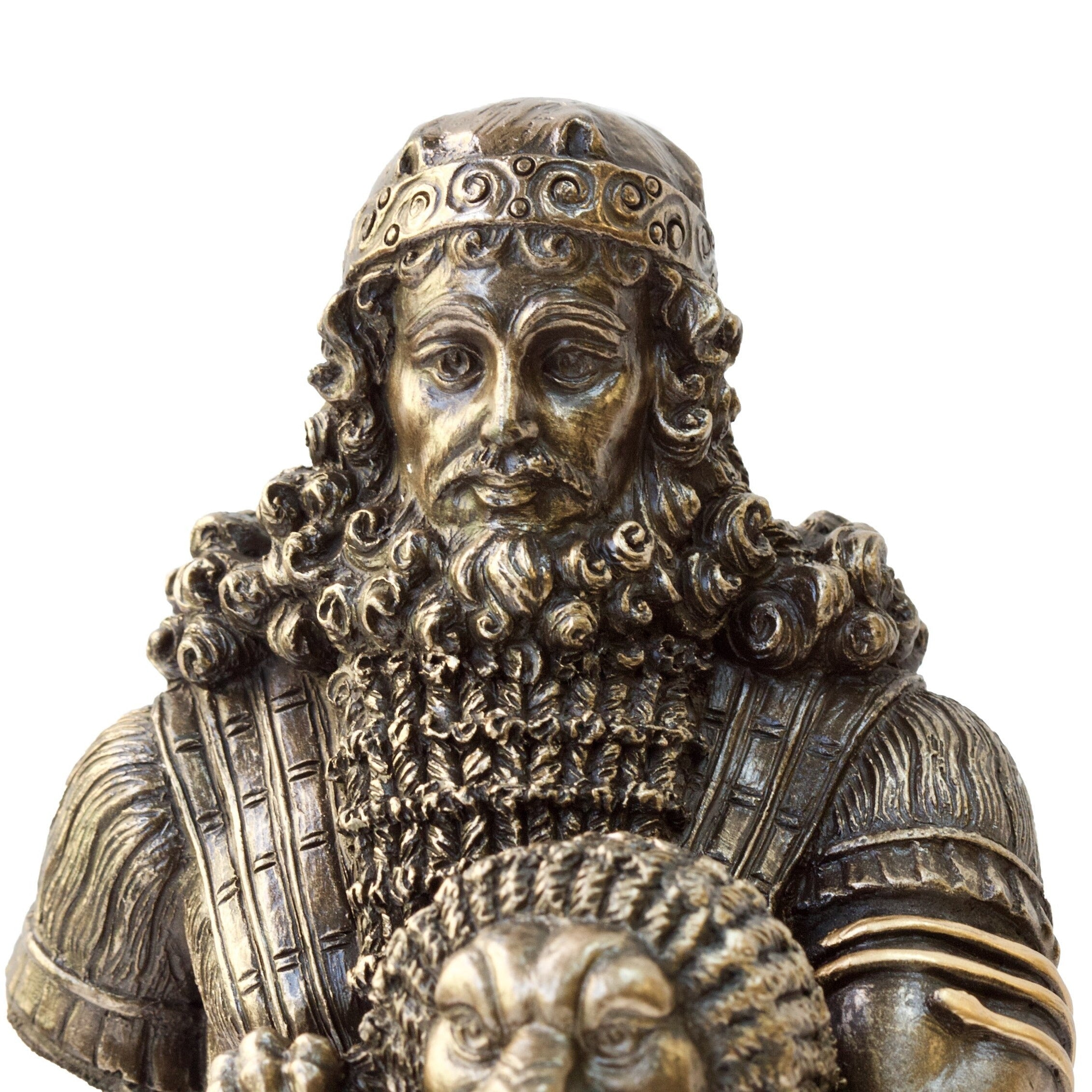 Gilgamesh Statue: Bronzed Sumerian King Holding Lion, Cold Cast Resin