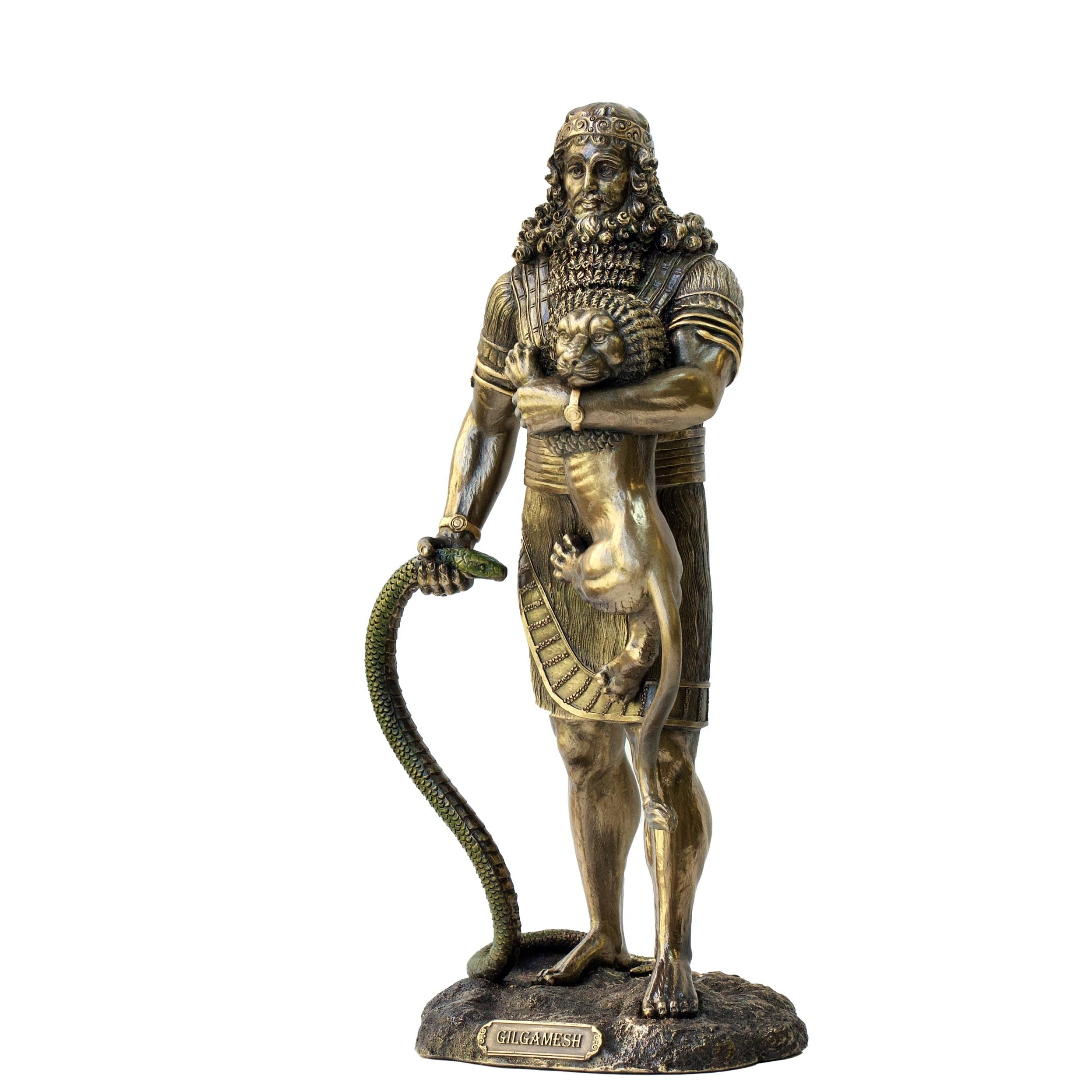 Gilgamesh Statue: Bronzed Sumerian King Holding Lion, Cold Cast Resin