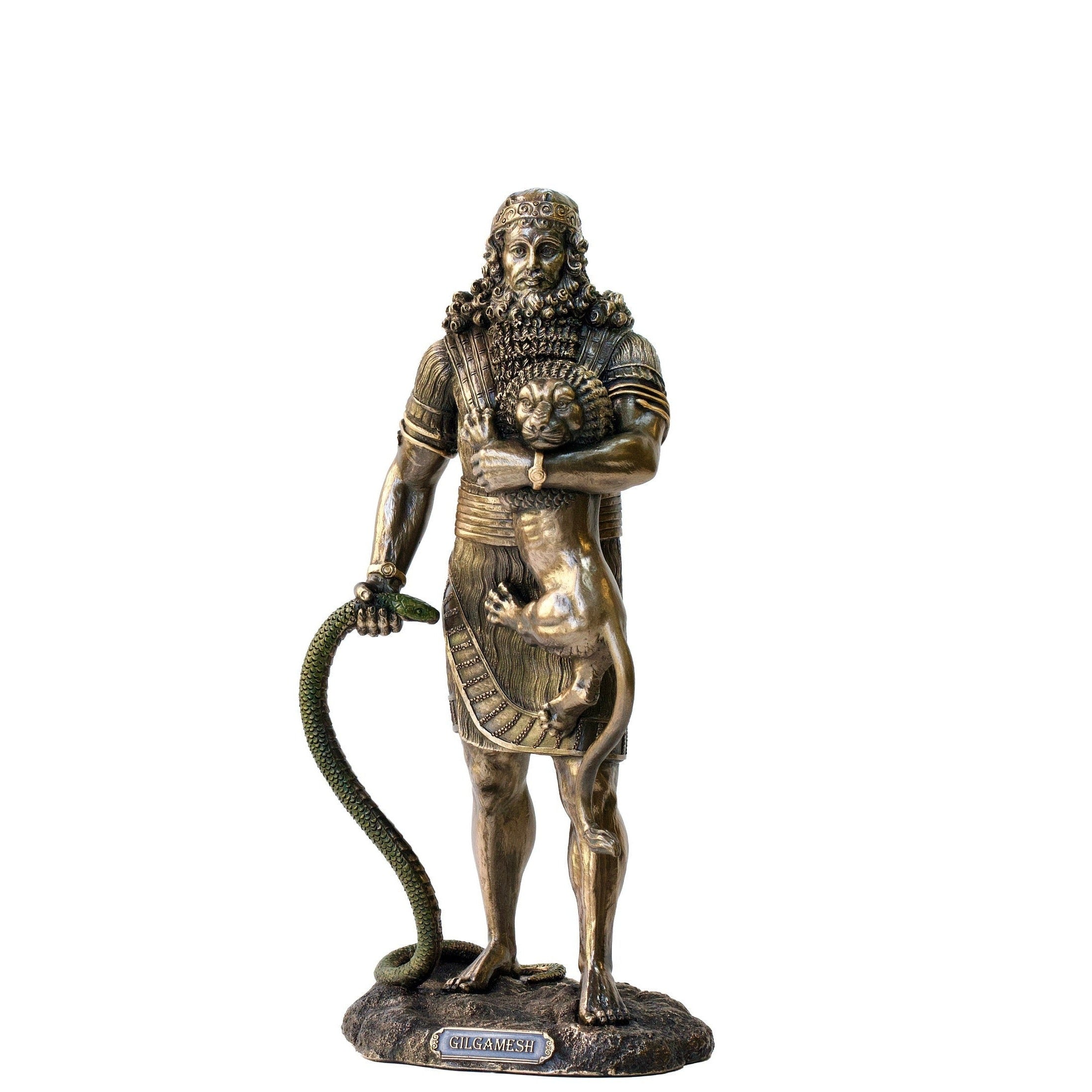 Gilgamesh Statue: Bronzed Sumerian King Holding Lion, Cold Cast Resin
