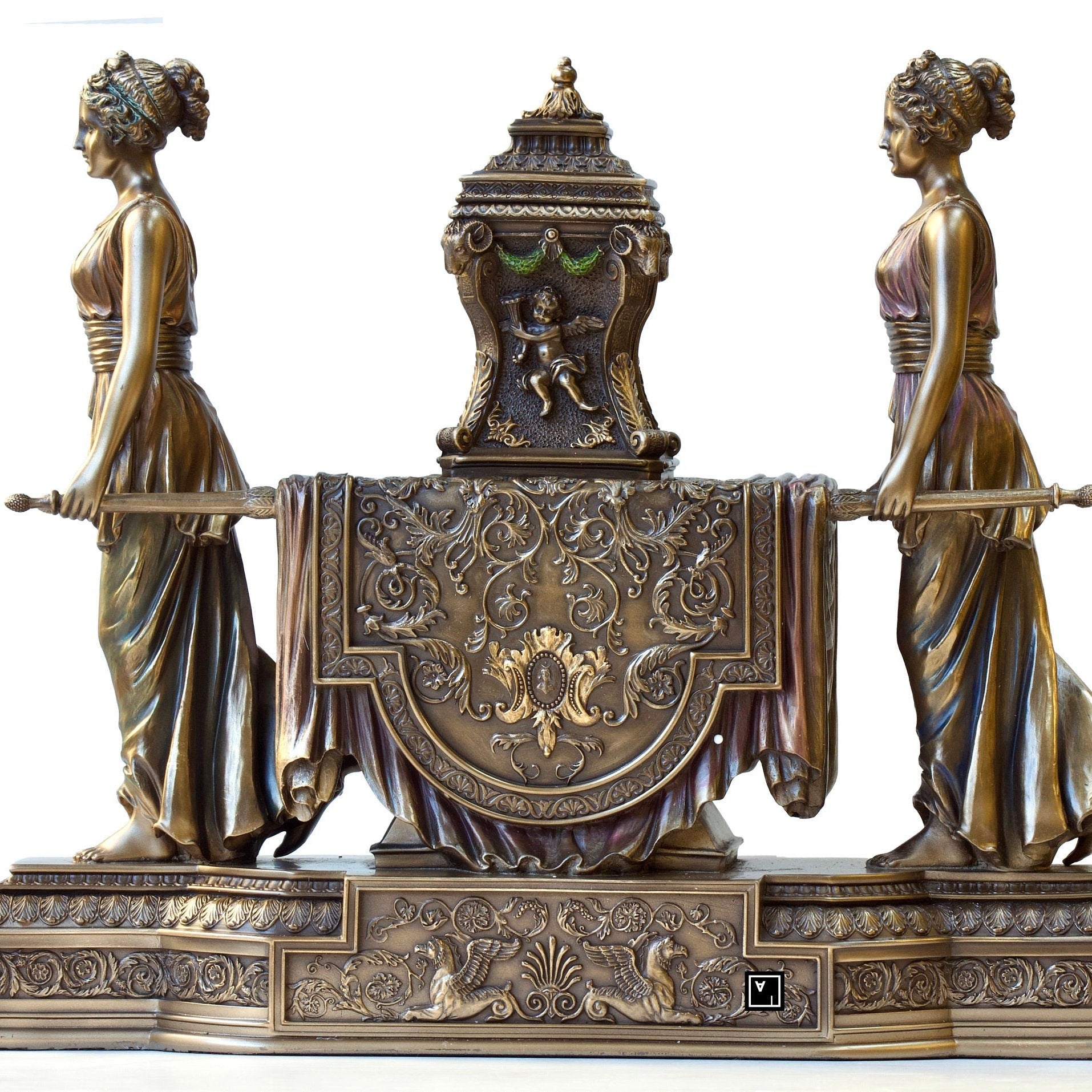 14.17 Inc Barrock Table Clock. Women Carrying Urn on the Litter Mantel Clock