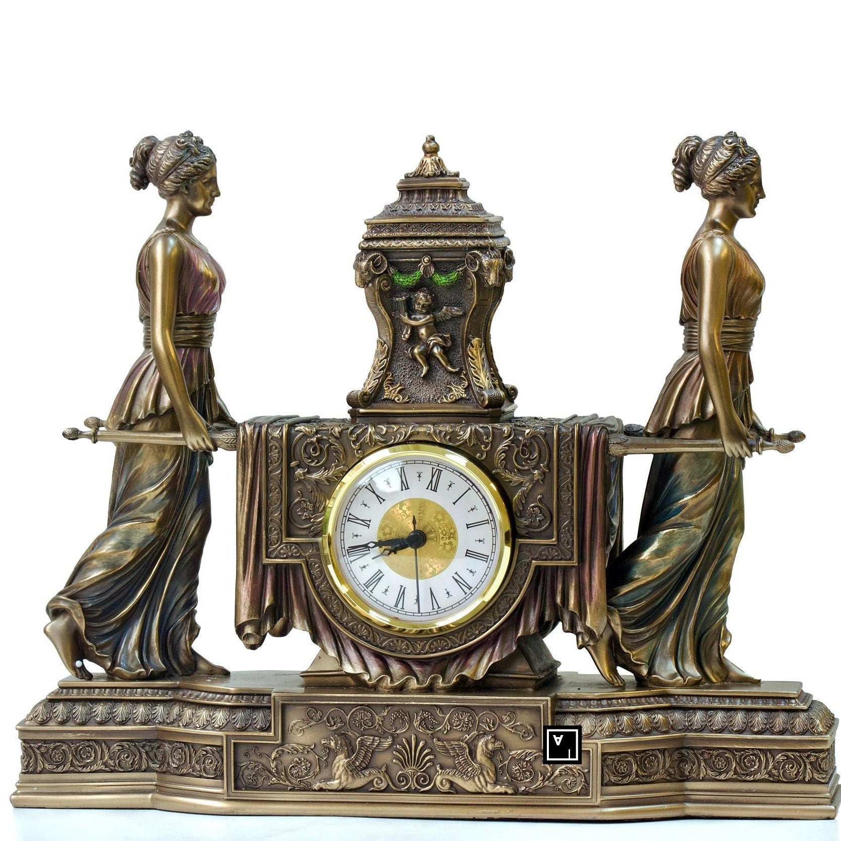 14.17 Inc Barrock Table Clock. Women Carrying Urn on the Litter Mantel Clock