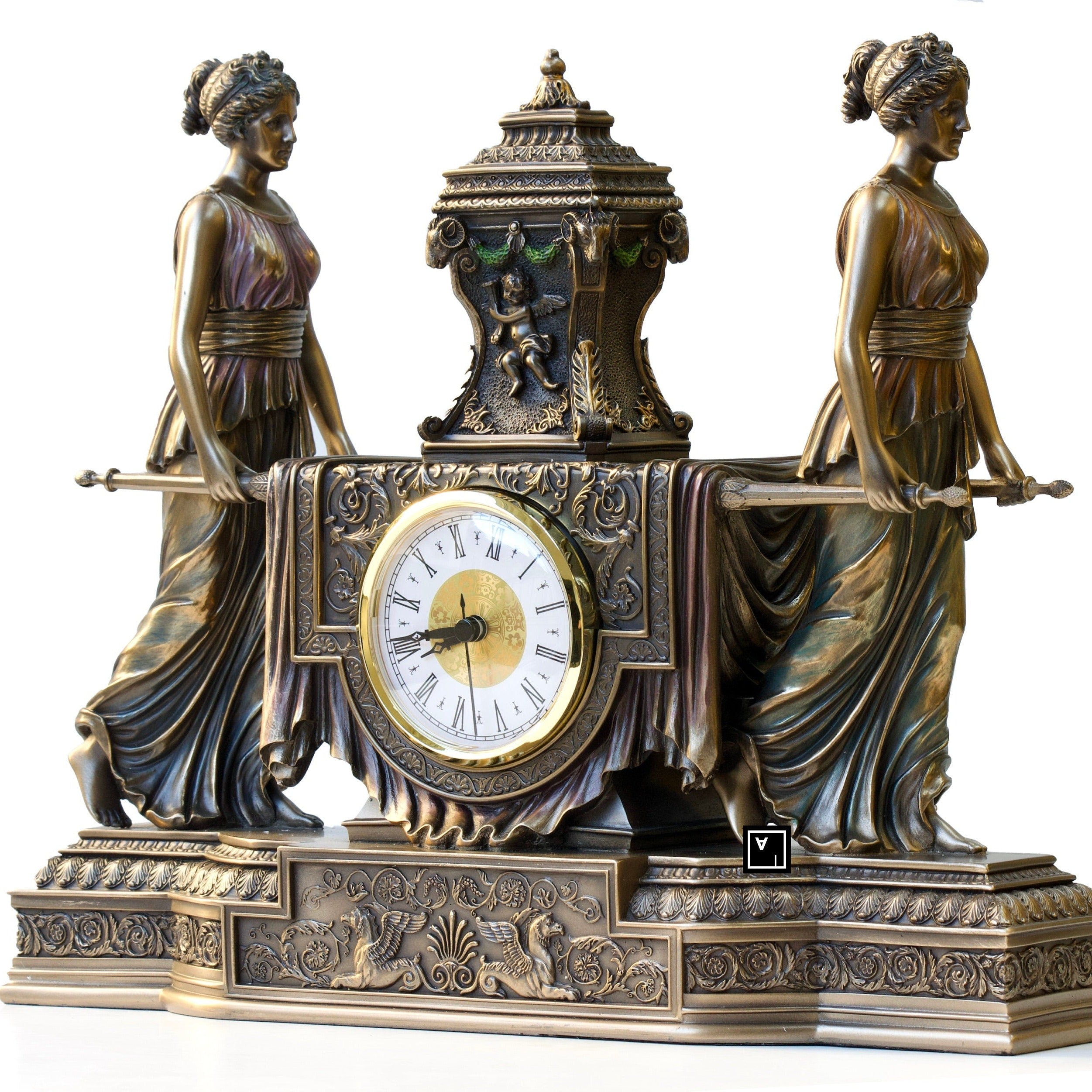 14.17 Inc Barrock Table Clock. Women Carrying Urn on the Litter Mantel Clock