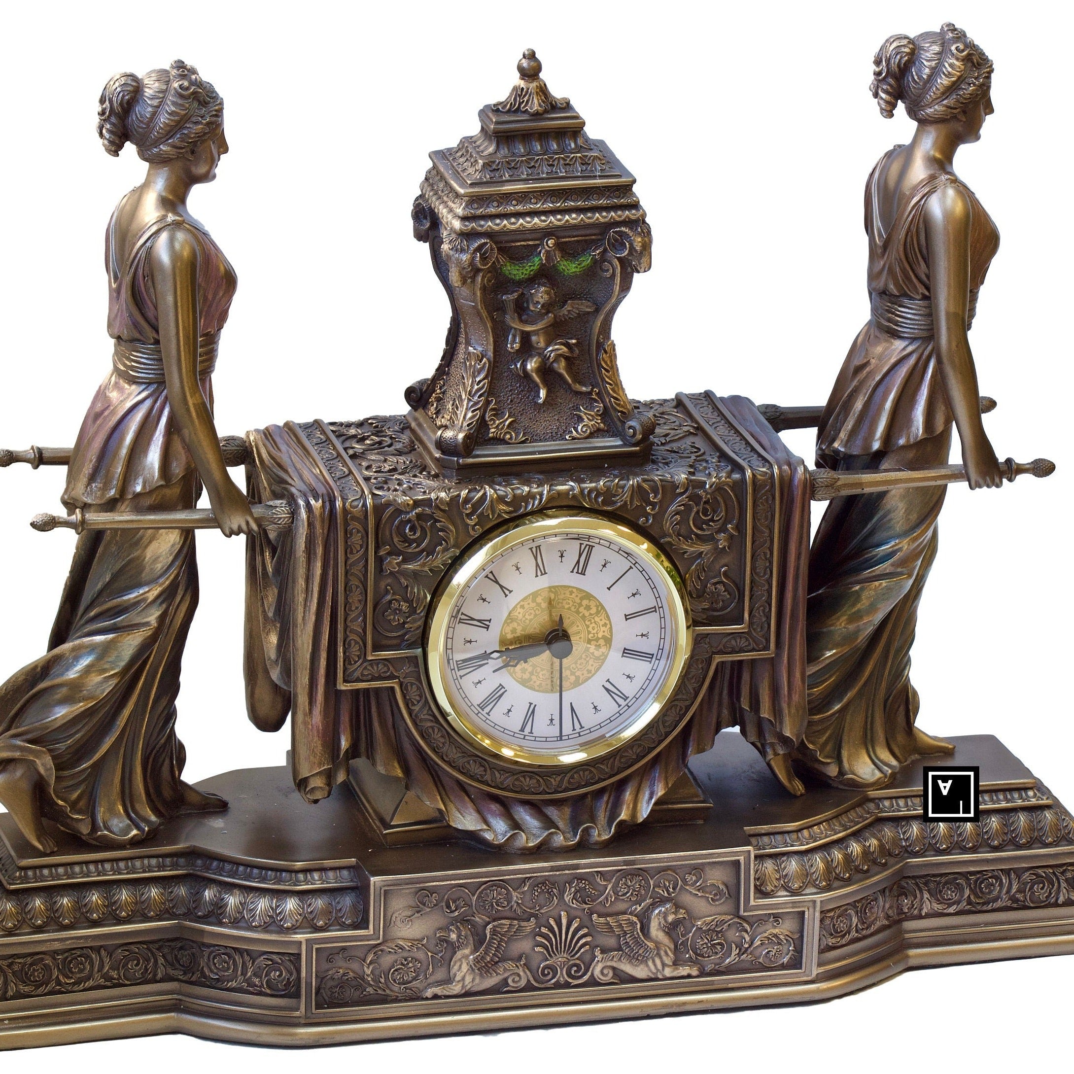 14.17 Inc Barrock Table Clock. Women Carrying Urn on the Litter Mantel Clock