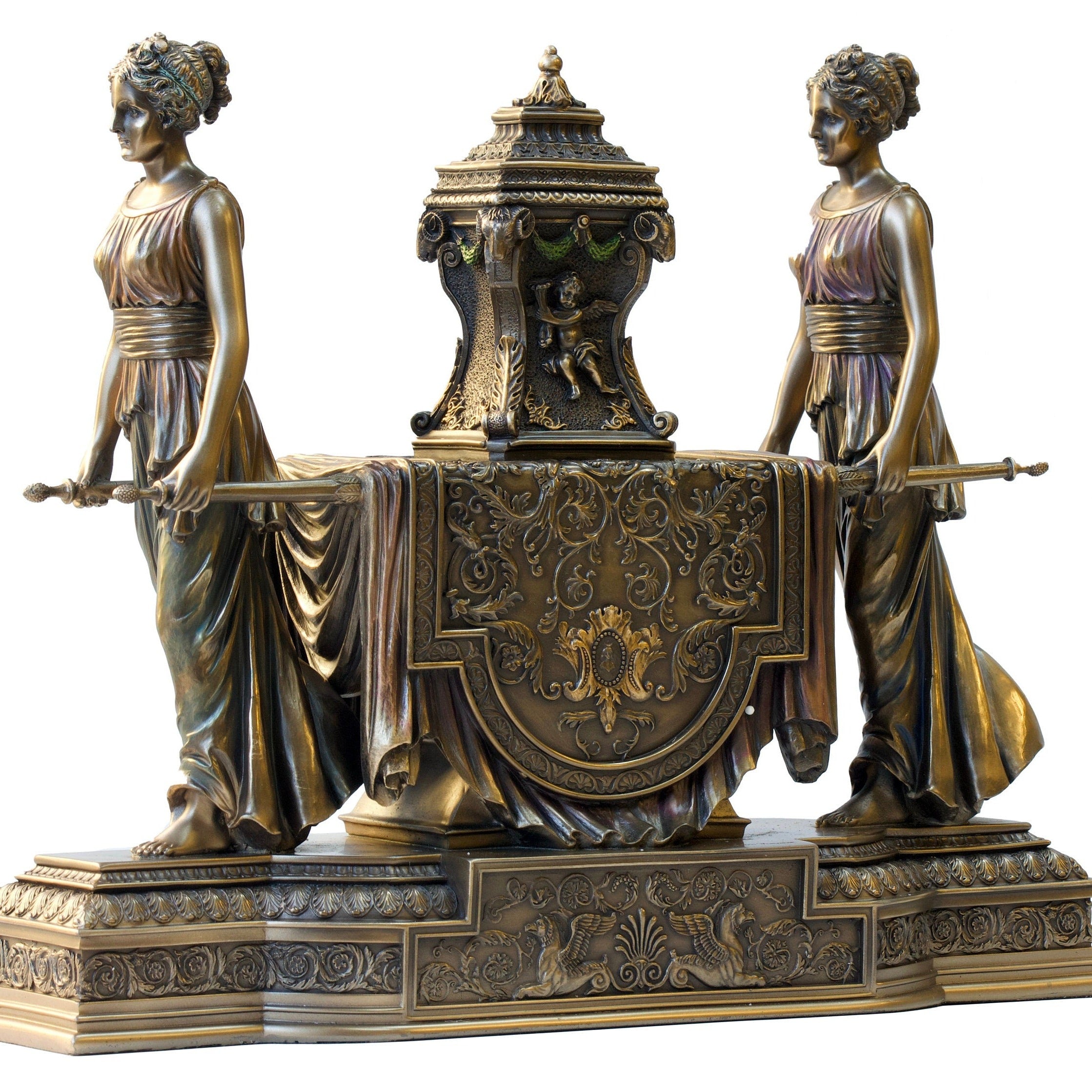 14.17 Inc Barrock Table Clock. Women Carrying Urn on the Litter Mantel Clock