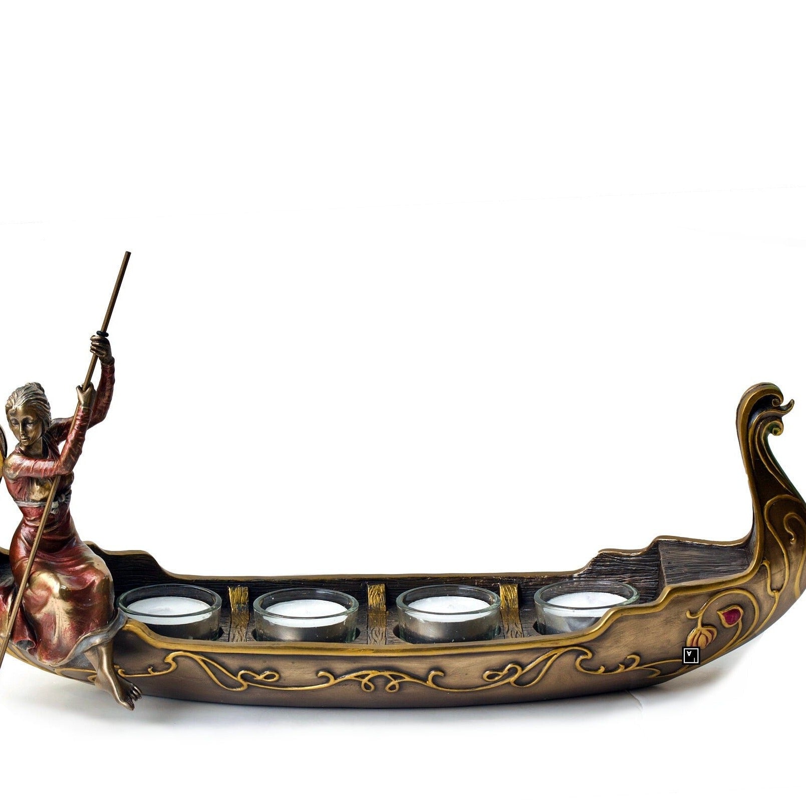 Art Nouveau Woman Gondola Tealight Candle Holder: Bronze Decor