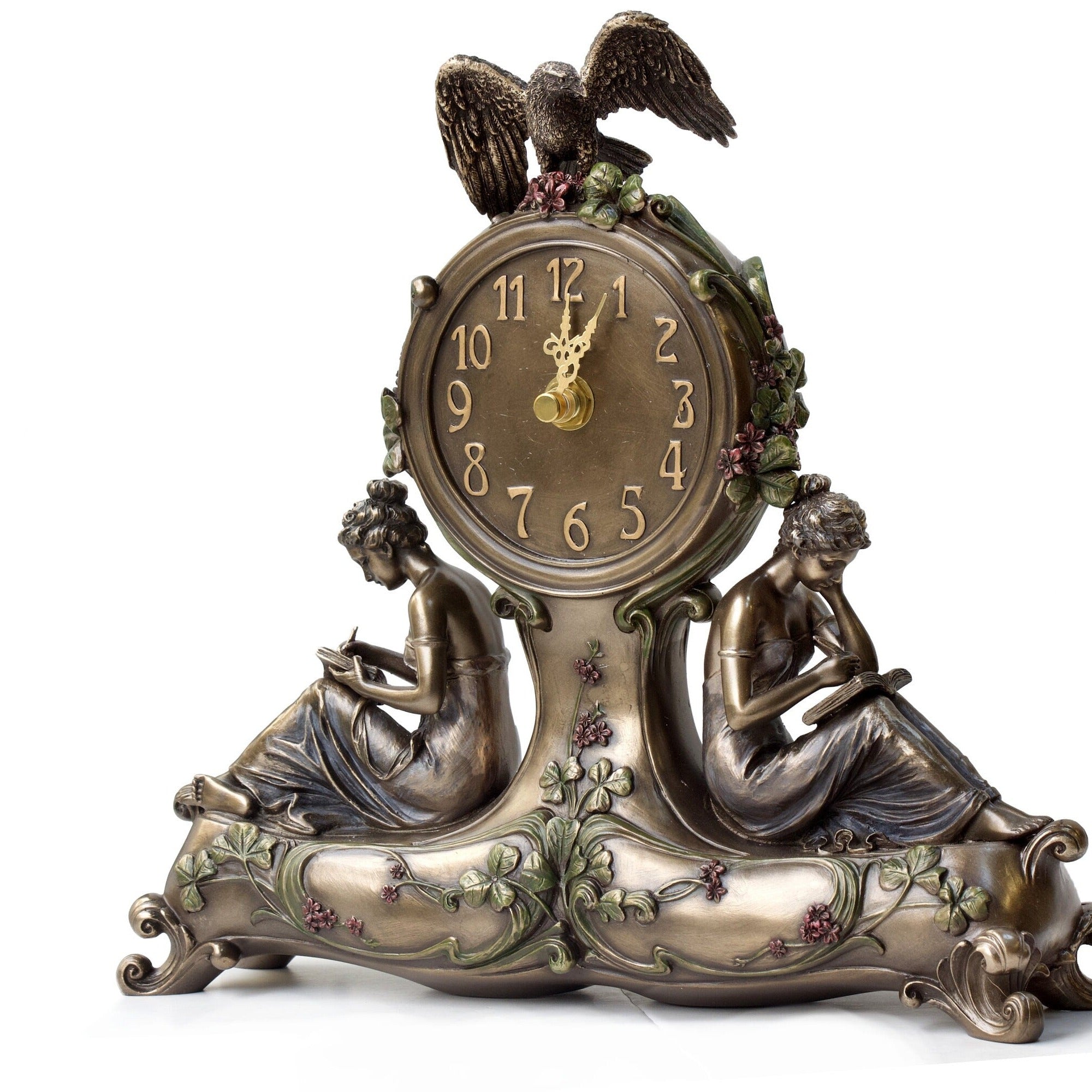 9.84 Inc Art Nouveau Clock with two Women and Eagle on top