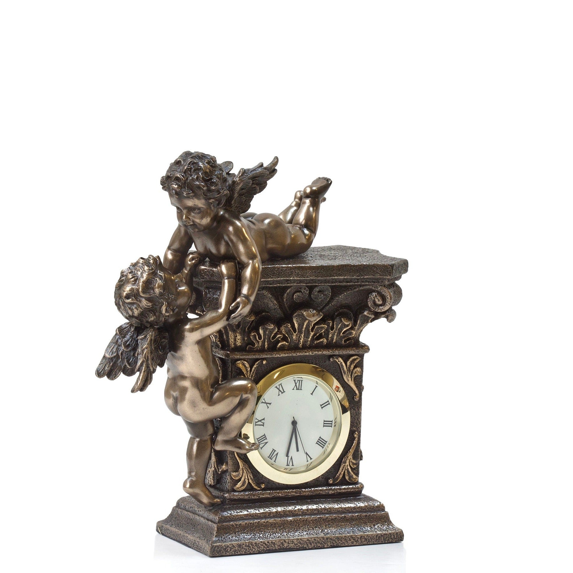 Art Nouveau Cherub Desk Clock: Cold Cast Bronze Angels, Handmade