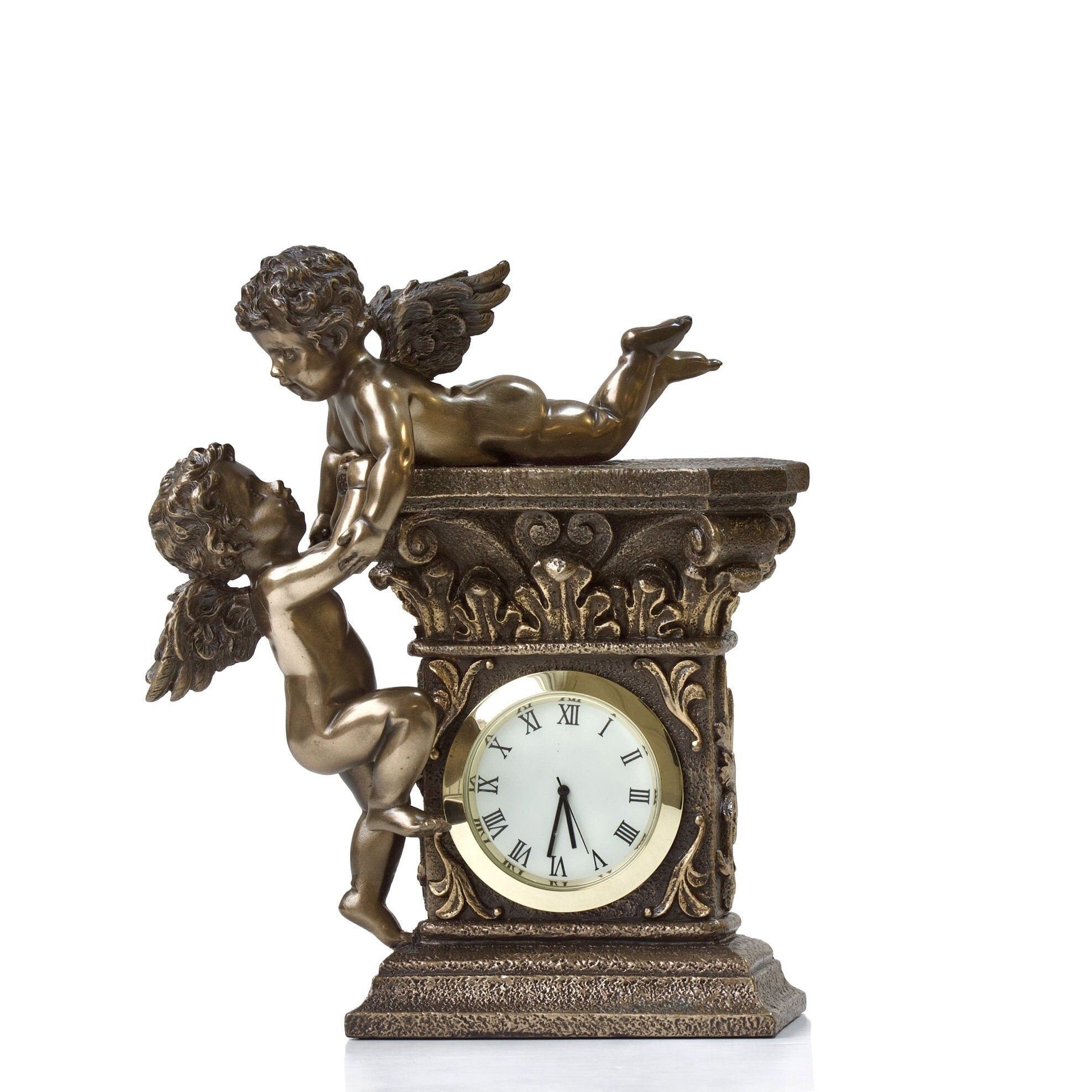 Art Nouveau Cherub Desk Clock: Cold Cast Bronze Angels, Handmade