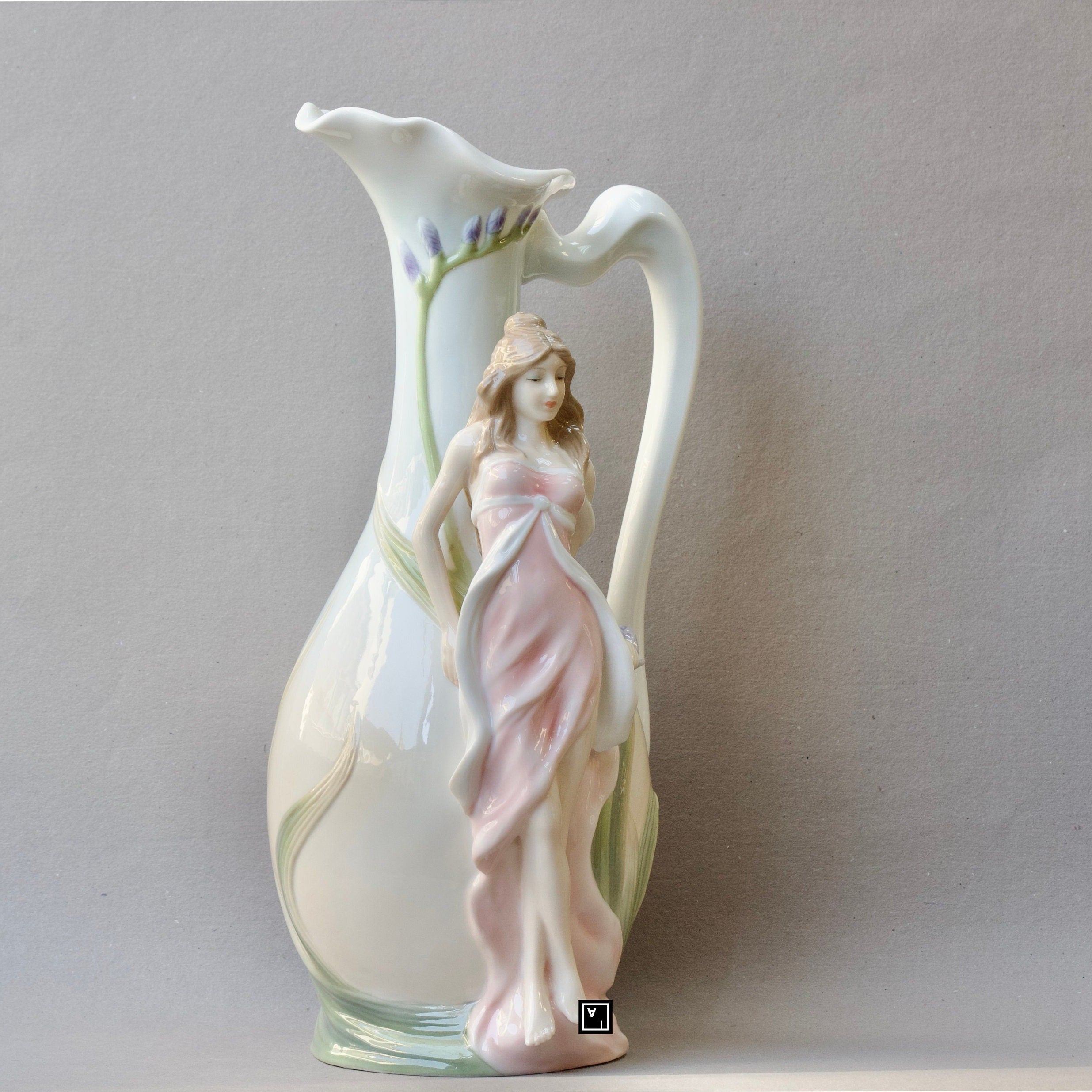 Art Nouveau inspired Glazed Pitcher Nymph in Pink Dress Blue Freesia