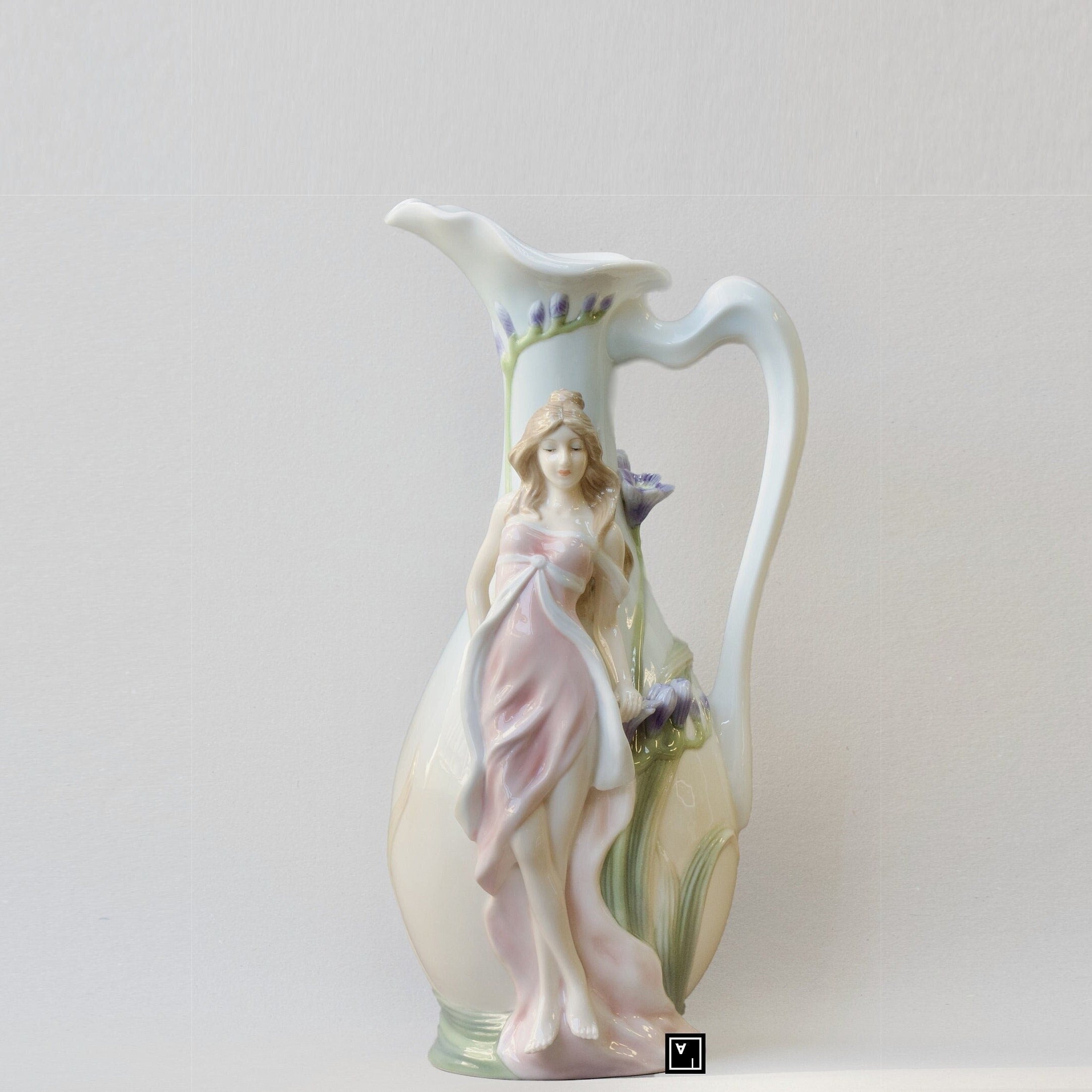 Art Nouveau inspired Glazed Pitcher Nymph in Pink Dress Blue Freesia