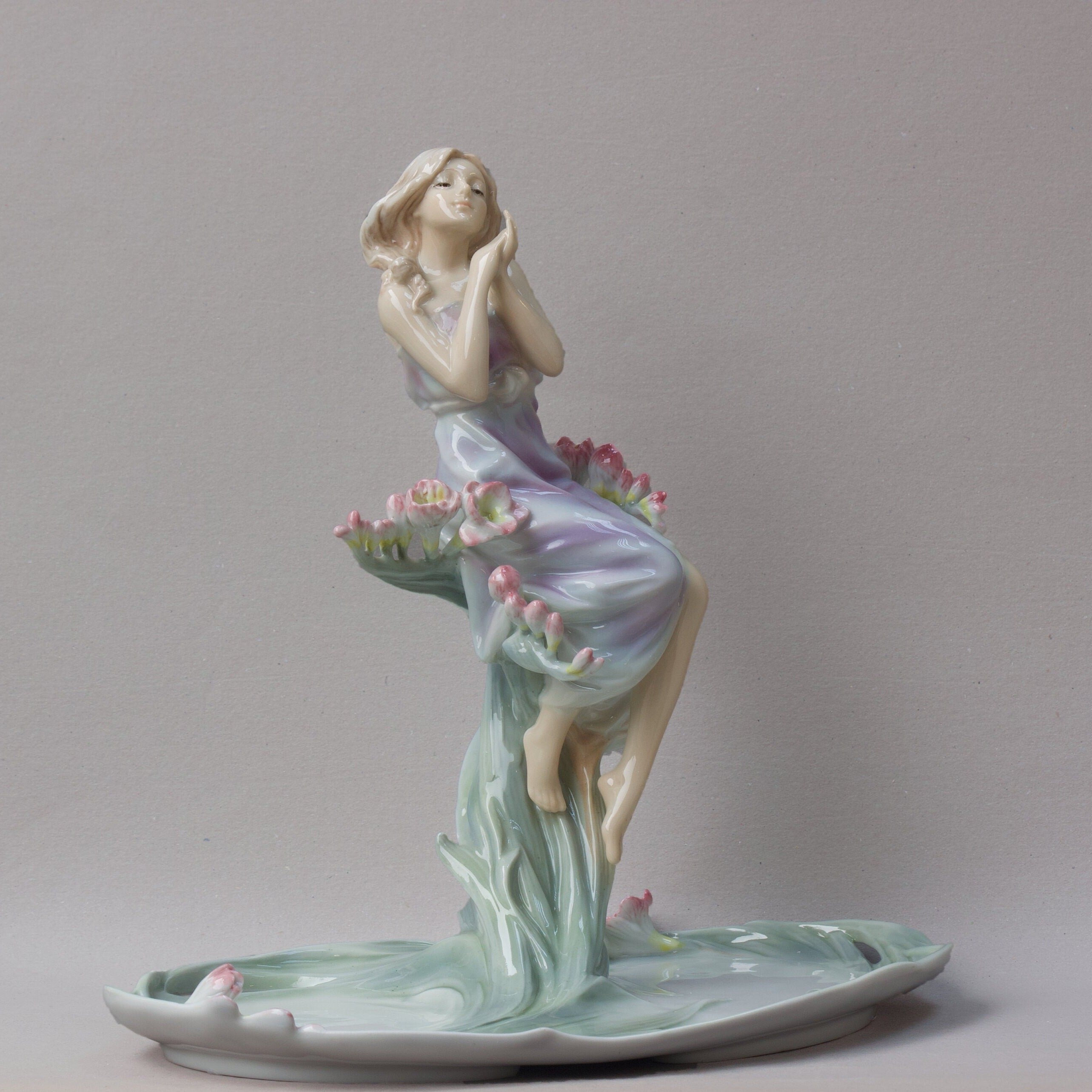 Art Nouveau Fine Porcelain Centerpiece Tray with Girl and Flowers