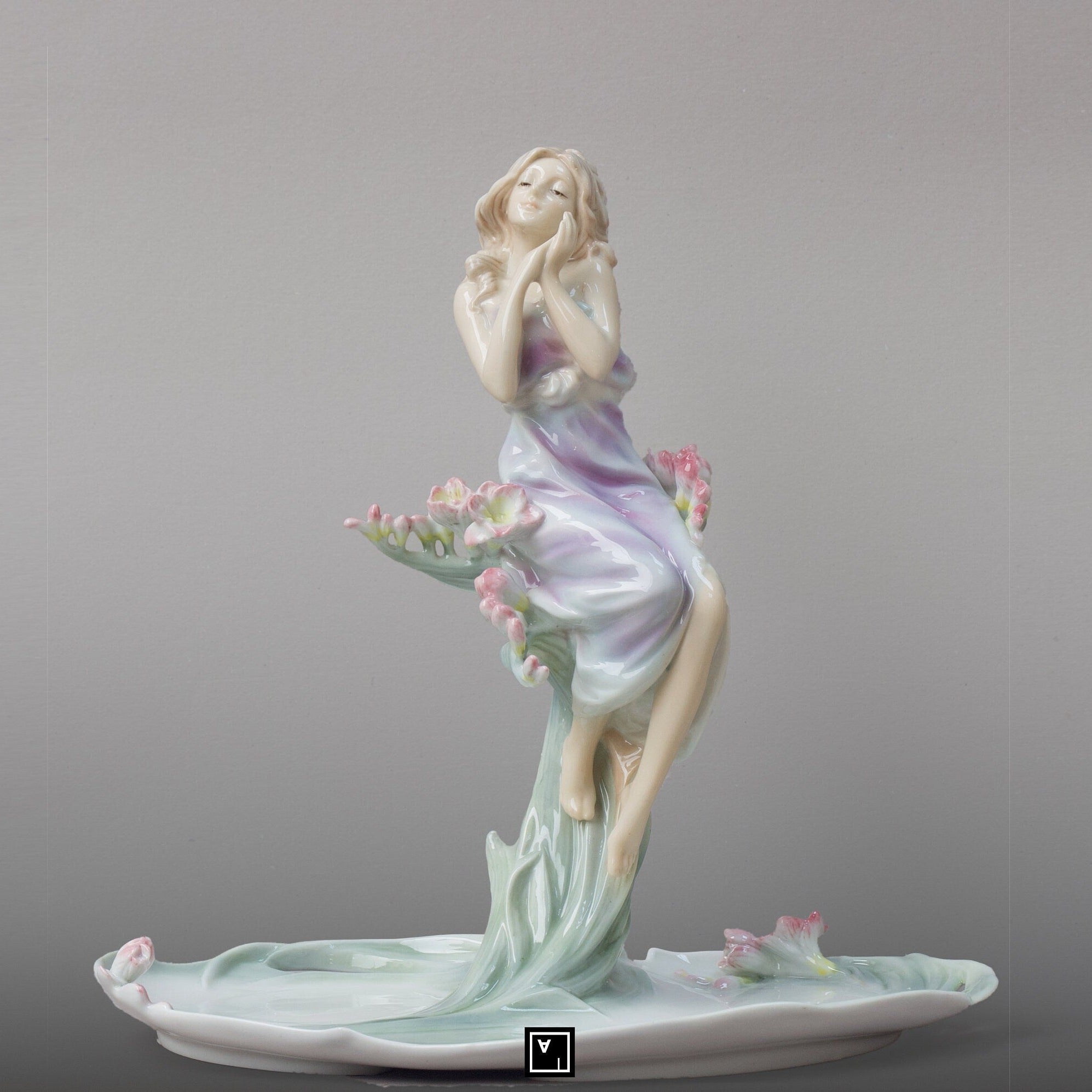 Art Nouveau Fine Porcelain Centerpiece Tray with Girl and Flowers