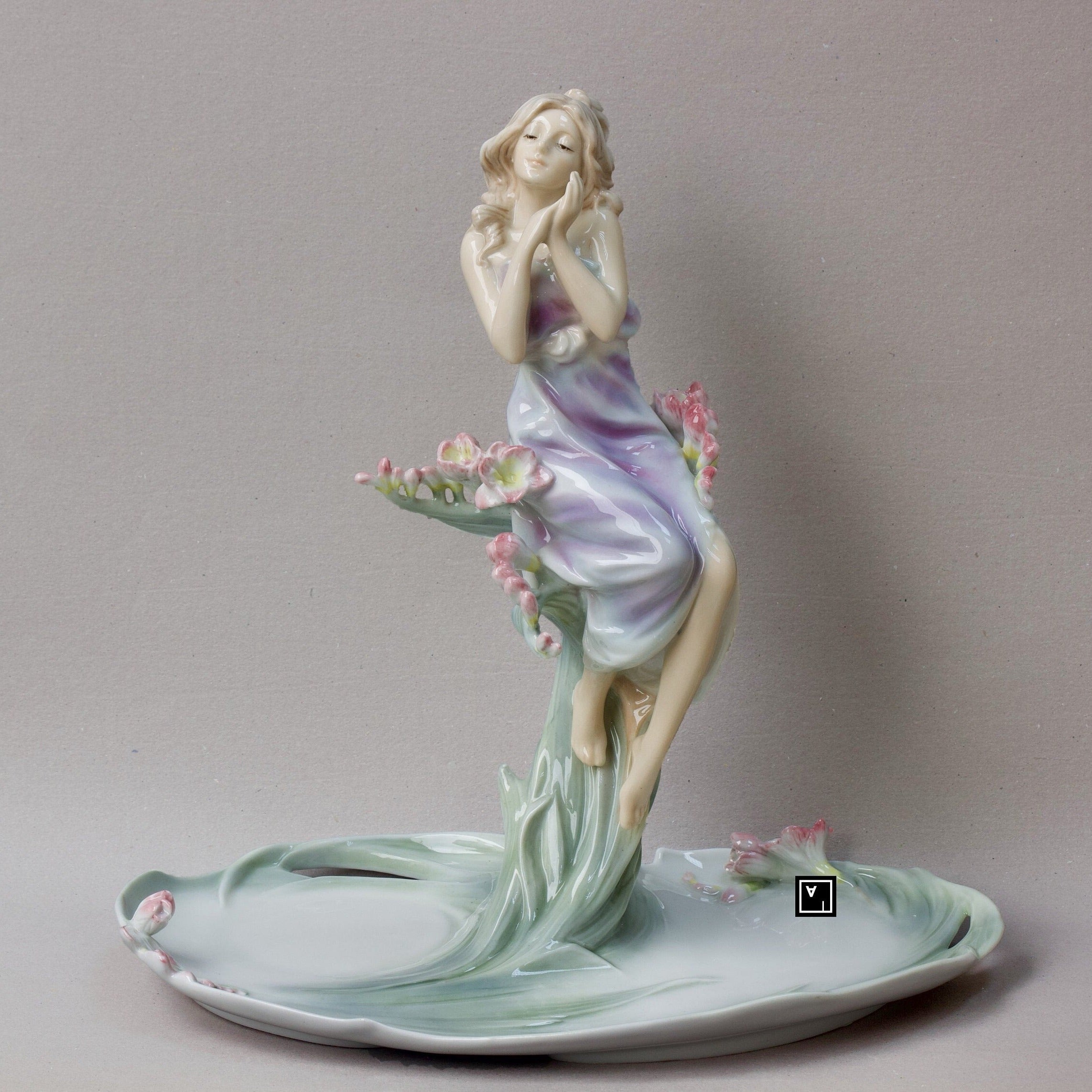 Art Nouveau Fine Porcelain Centerpiece Tray with Girl and Flowers