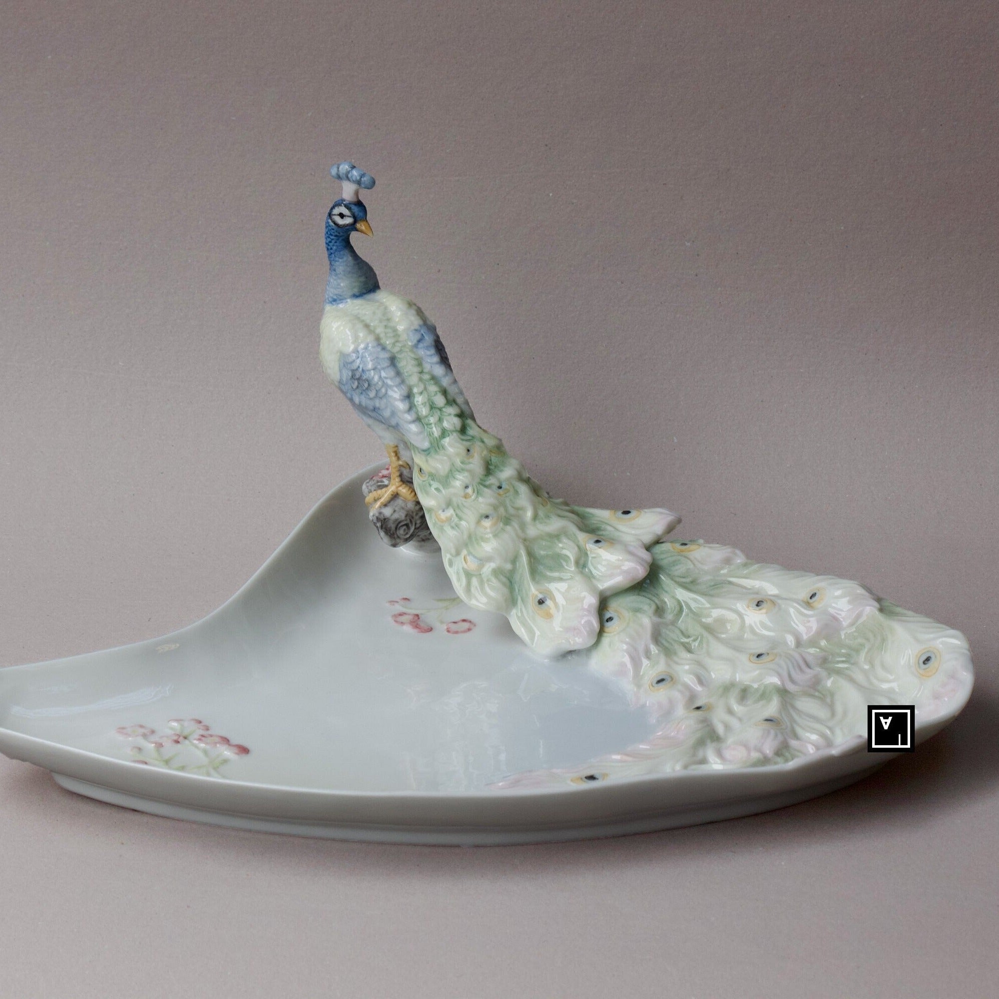 Art Nouveau Porcelain Peacock Tray: Handmade Freesia Decor