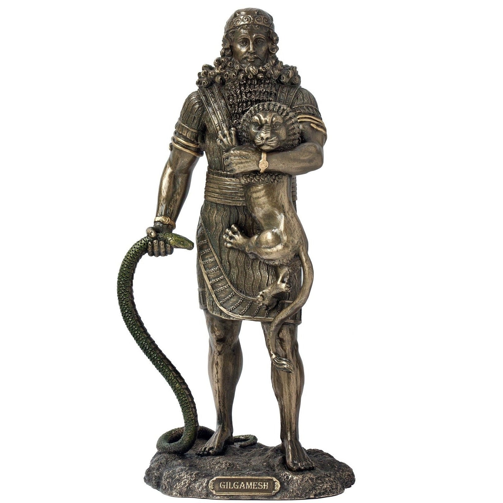 Gilgamesh Statue: Bronzed Sumerian King Holding Lion, Cold Cast Resin