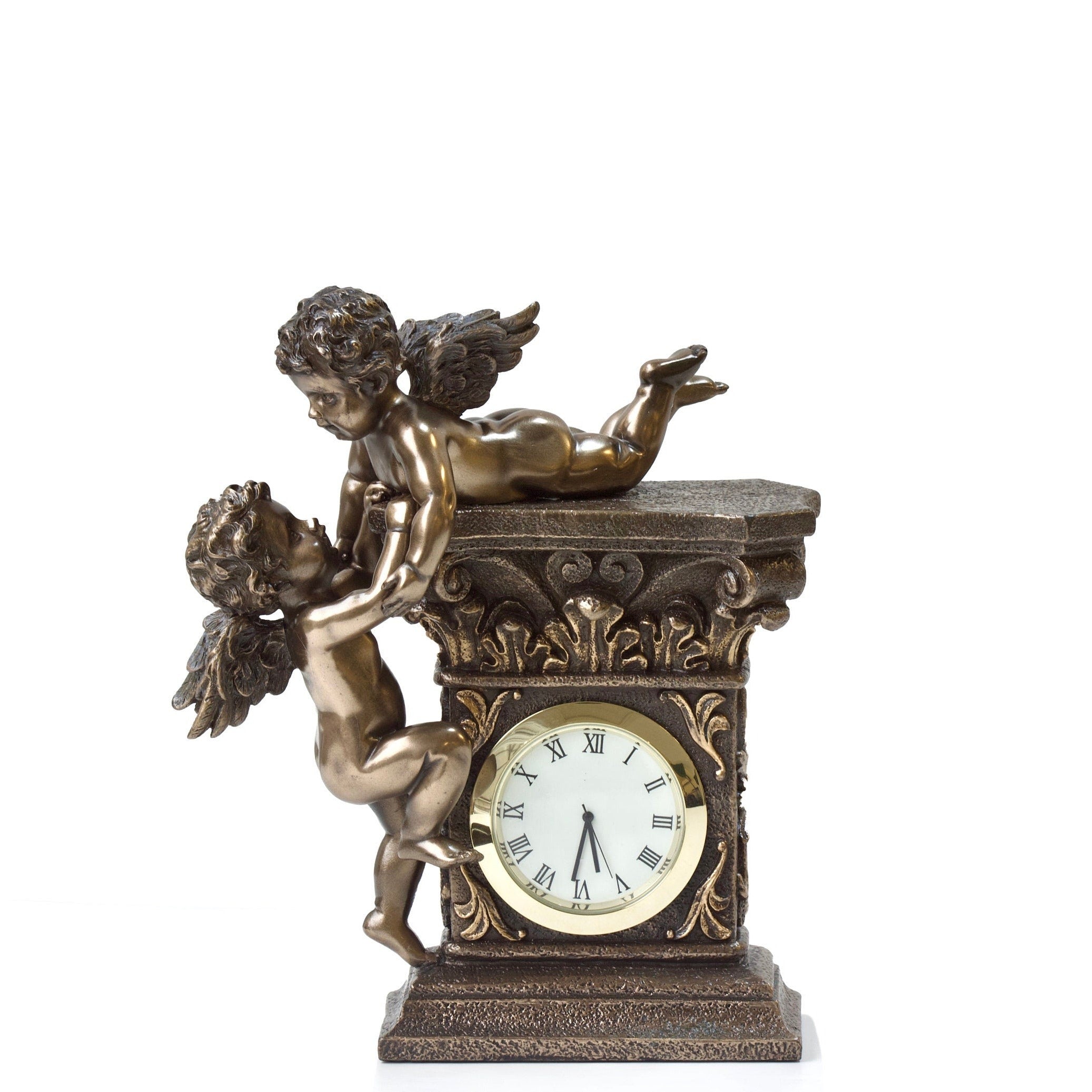 Art Nouveau Cherub Desk Clock: Cold Cast Bronze Angels, Handmade