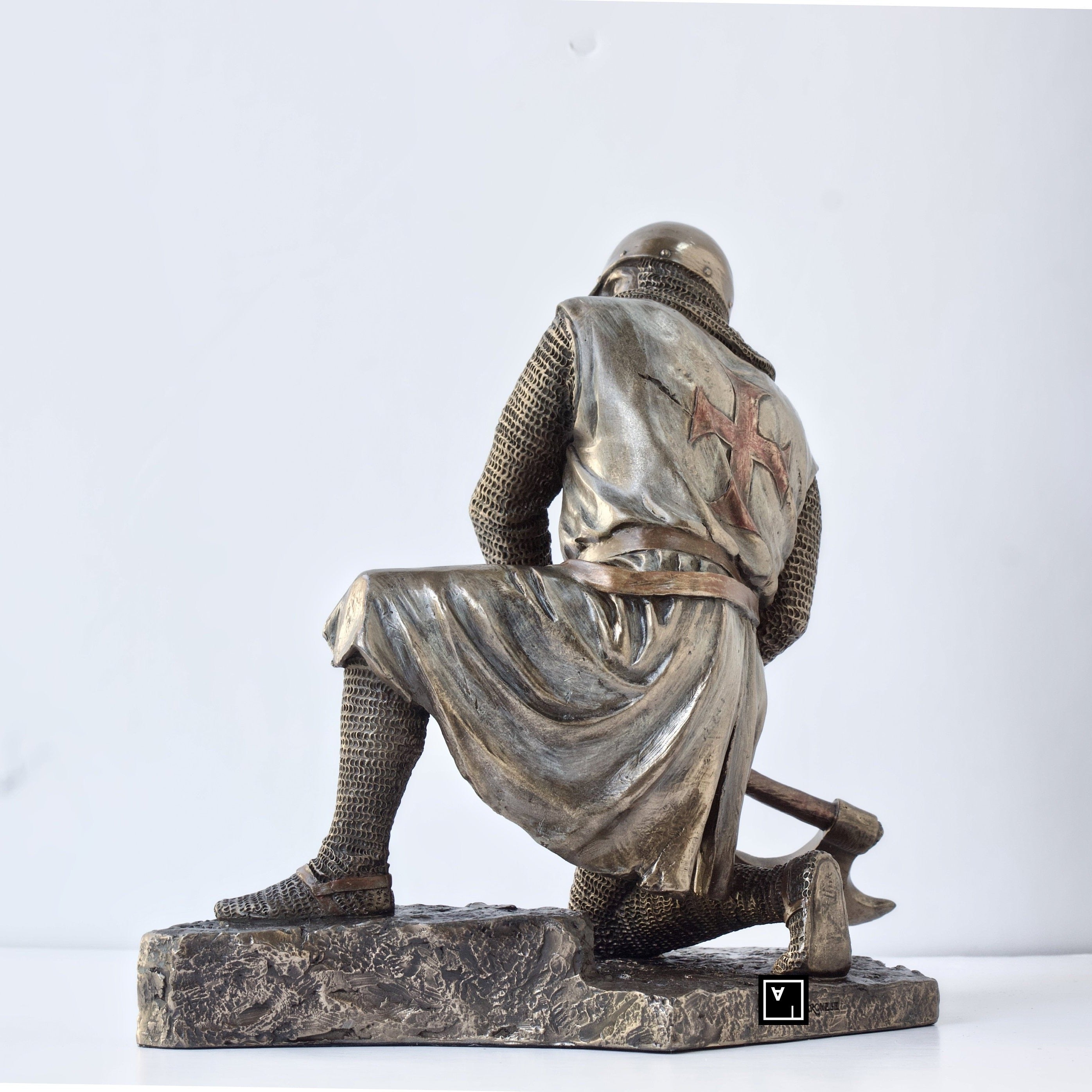 Half kneeling Knights Templar Wielding Battle Axe Statue