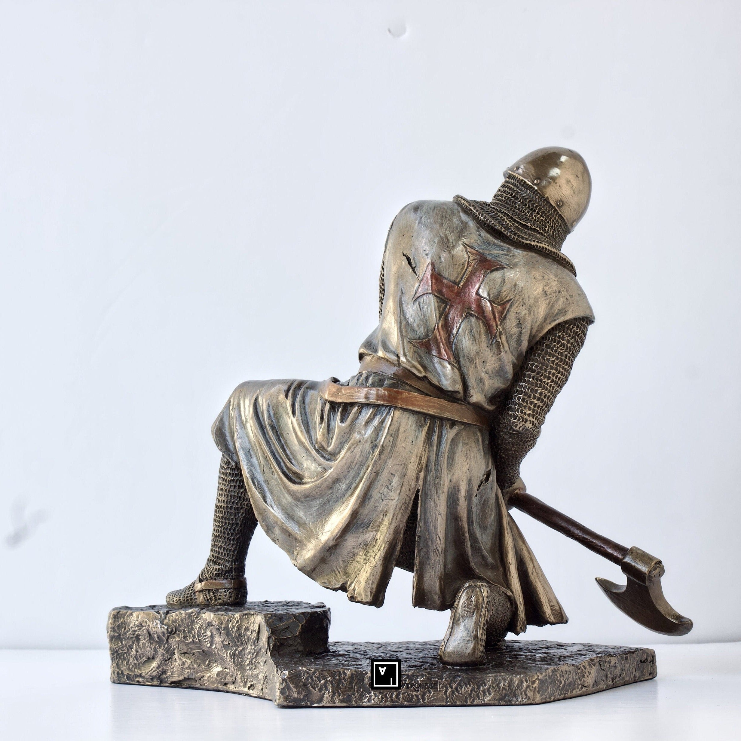 Half kneeling Knights Templar Wielding Battle Axe Statue