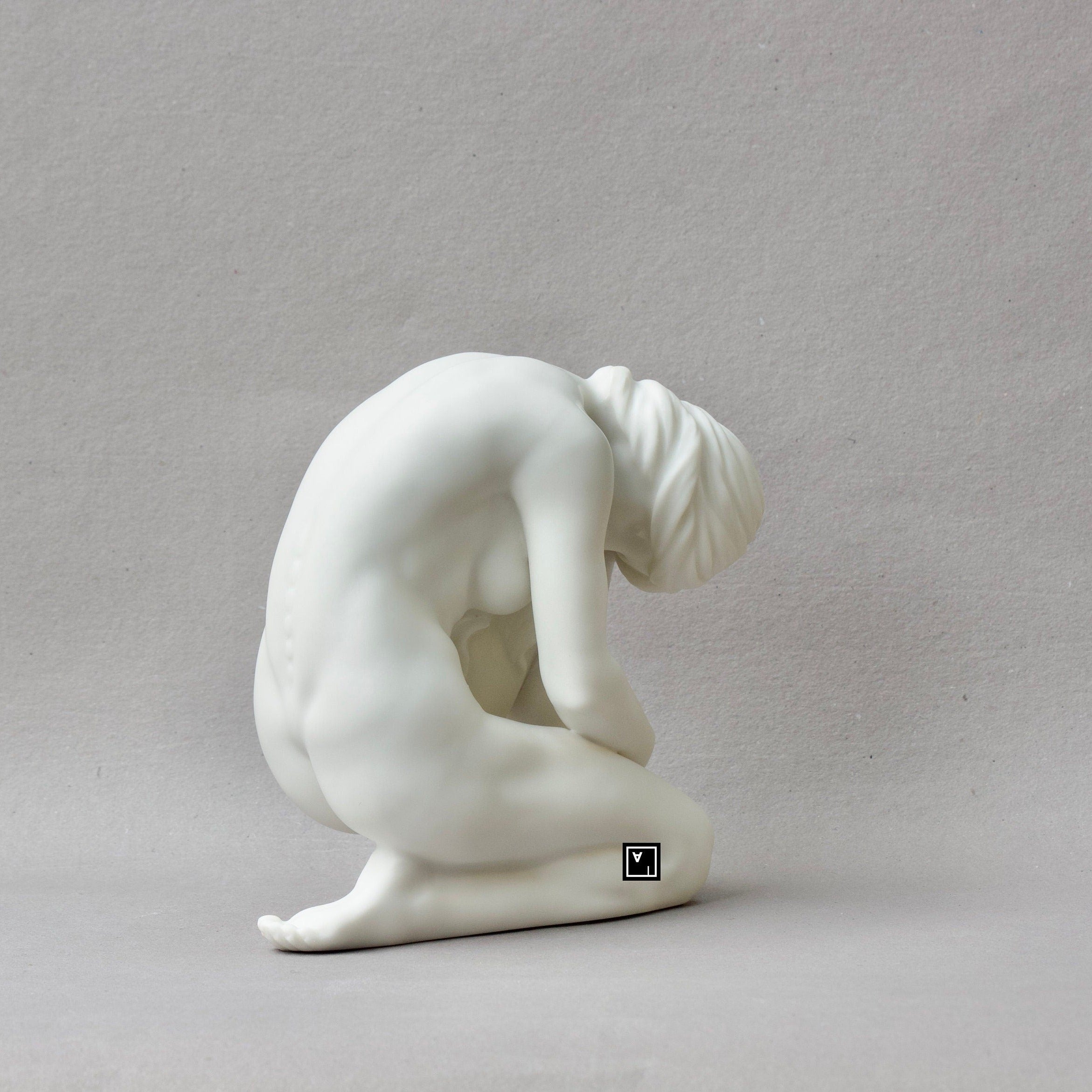 Nude Woman Sitting on Knees Pose Statue. Nude Matt Fine Porcelain Sculpture