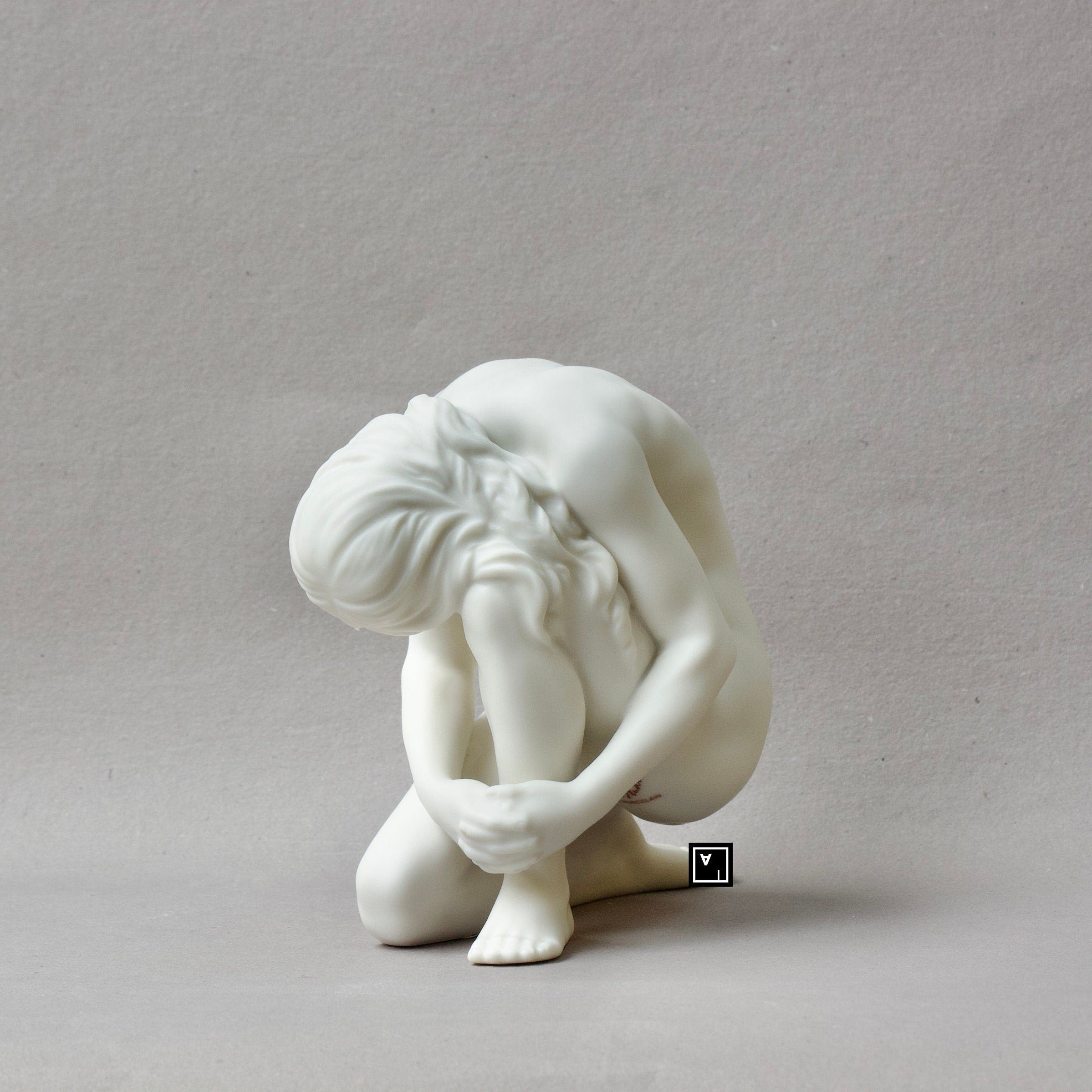 Nude Woman Sitting on Knees Pose Statue. Nude Matt Fine Porcelain Sculpture