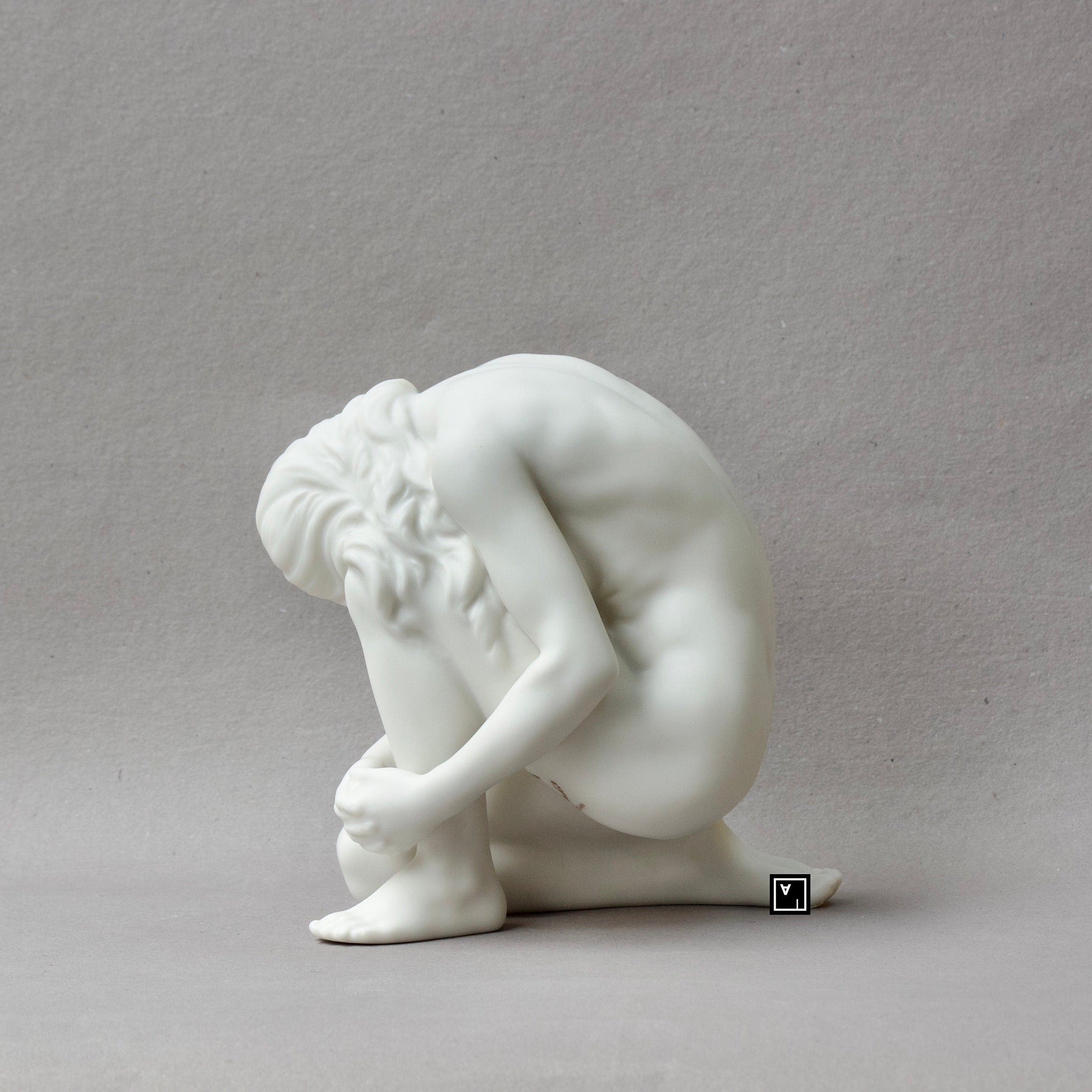 Nude Woman Sitting on Knees Pose Statue. Nude Matt Fine Porcelain Sculpture