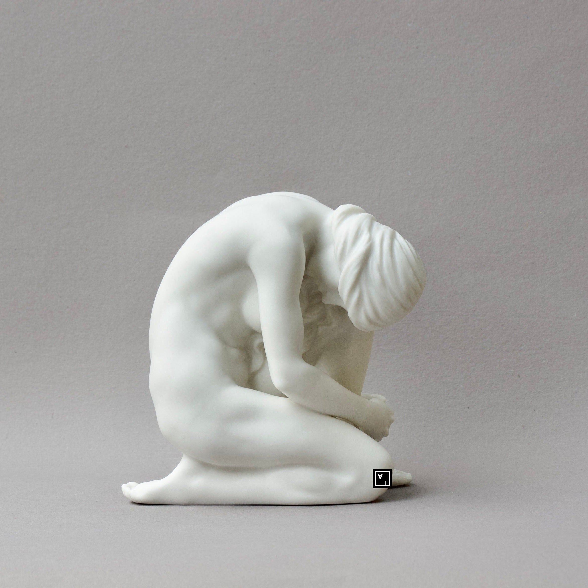 Nude Woman Sitting on Knees Pose Statue. Nude Matt Fine Porcelain Sculpture
