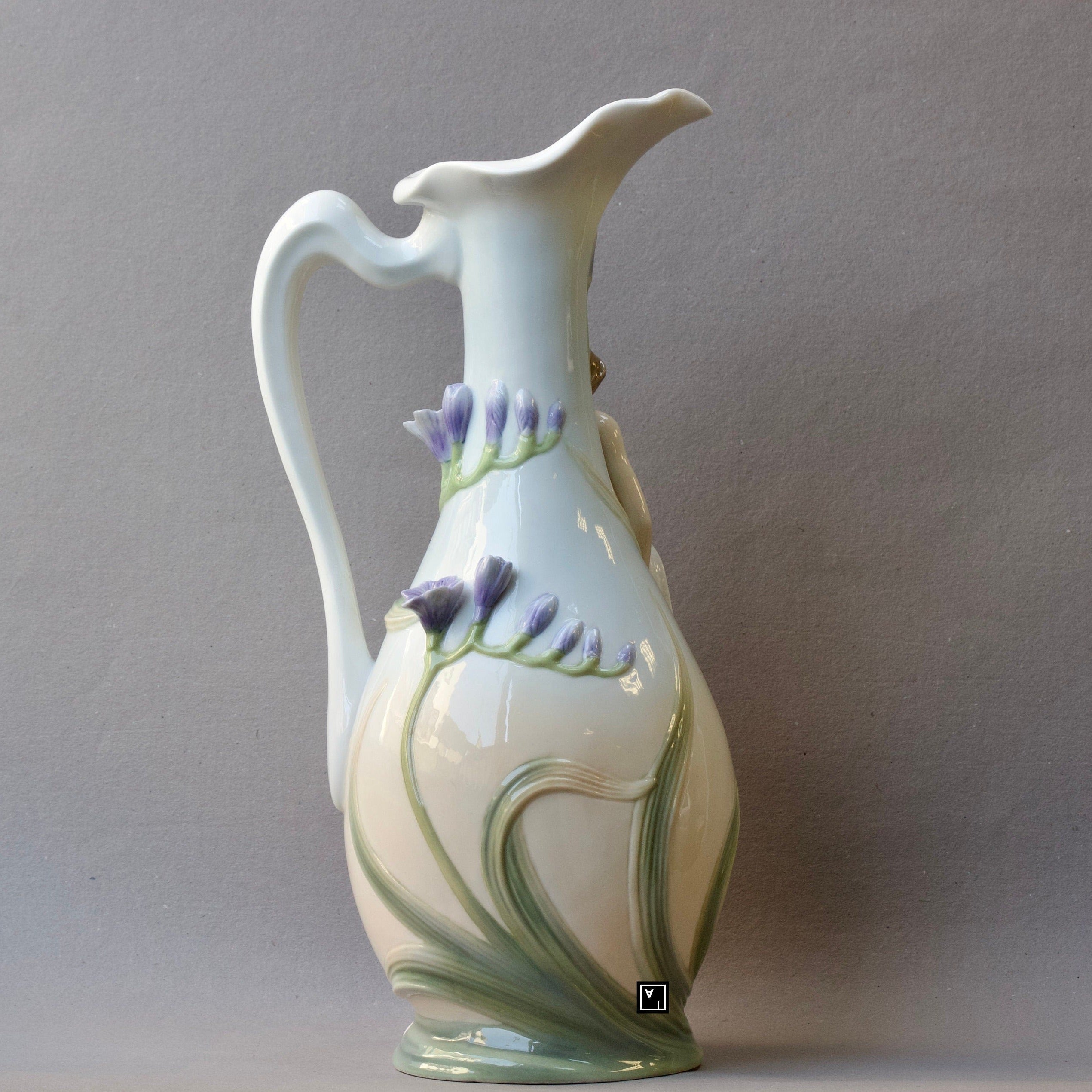 Art Nouveau inspired Glazed Pitcher Nymph in Pink Dress Blue Freesia