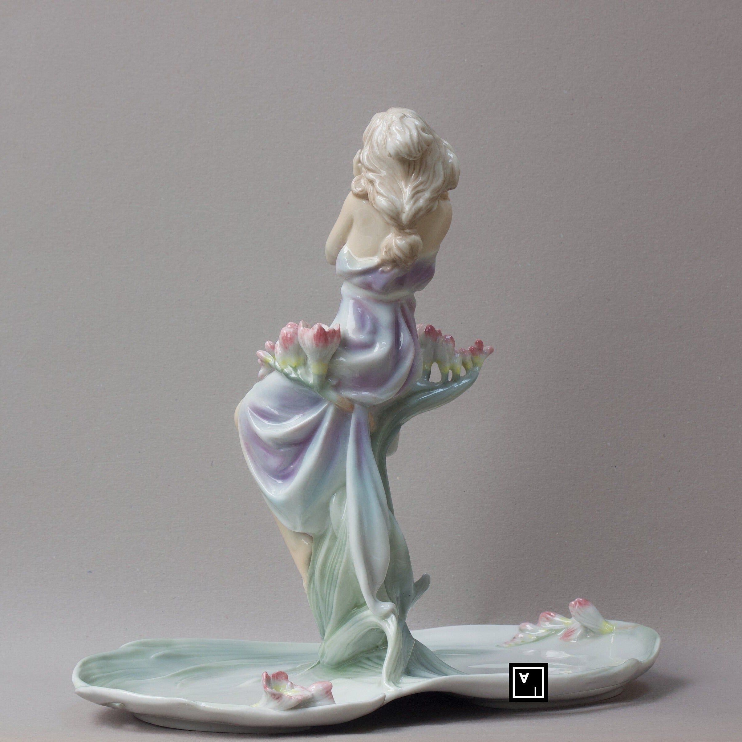 Art Nouveau Fine Porcelain Centerpiece Tray with Girl and Flowers