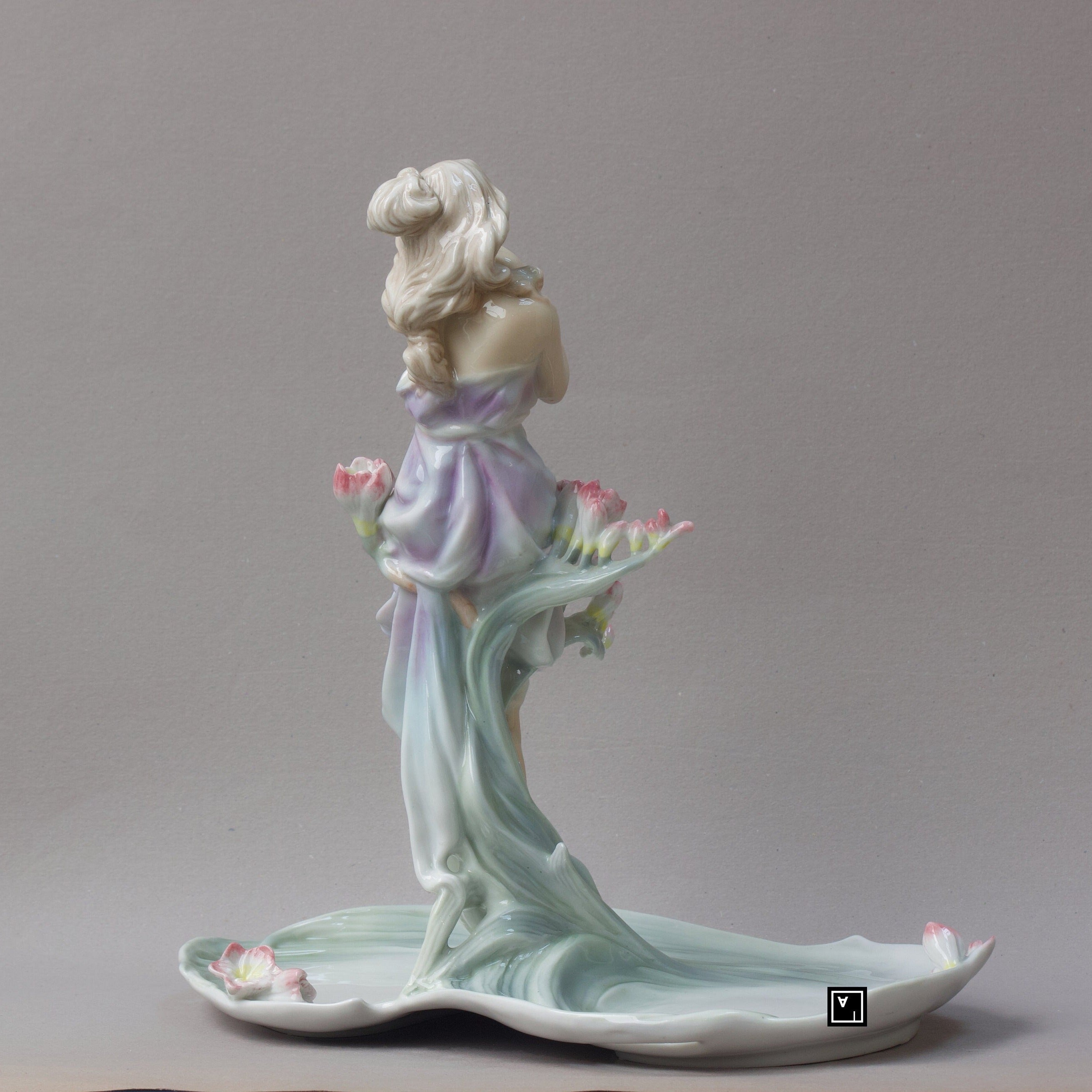 Art Nouveau Fine Porcelain Centerpiece Tray with Girl and Flowers
