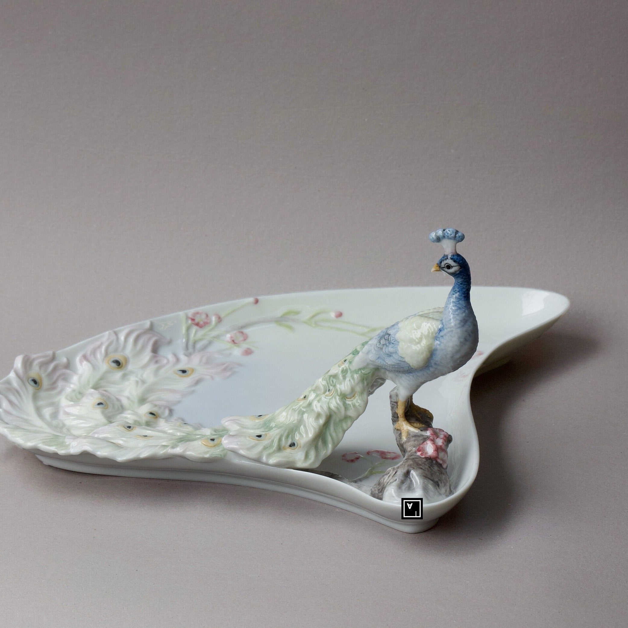 Art Nouveau Porcelain Peacock Tray: Handmade Freesia Decor