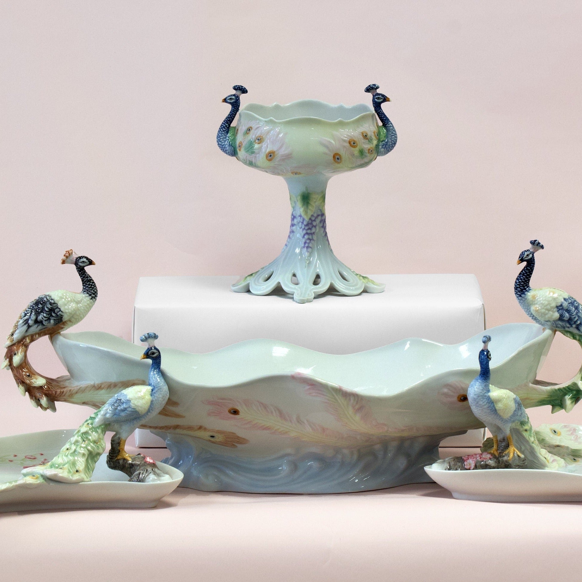 Art Nouveau inspired Peacock centerpiece Porcelain Set
