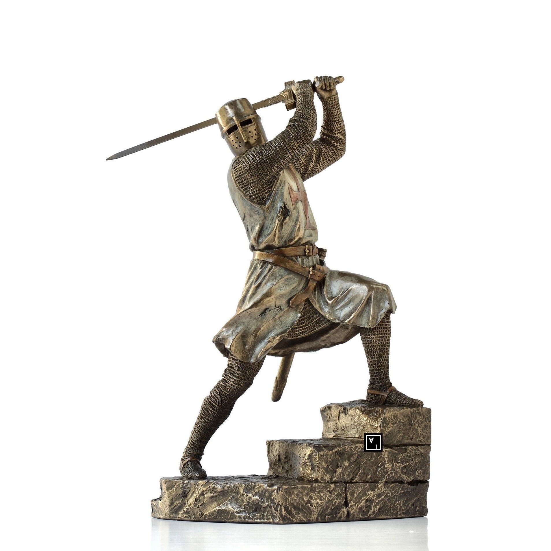 Knights on Templar on Stairs Slashing with Two Handed Sword Statue